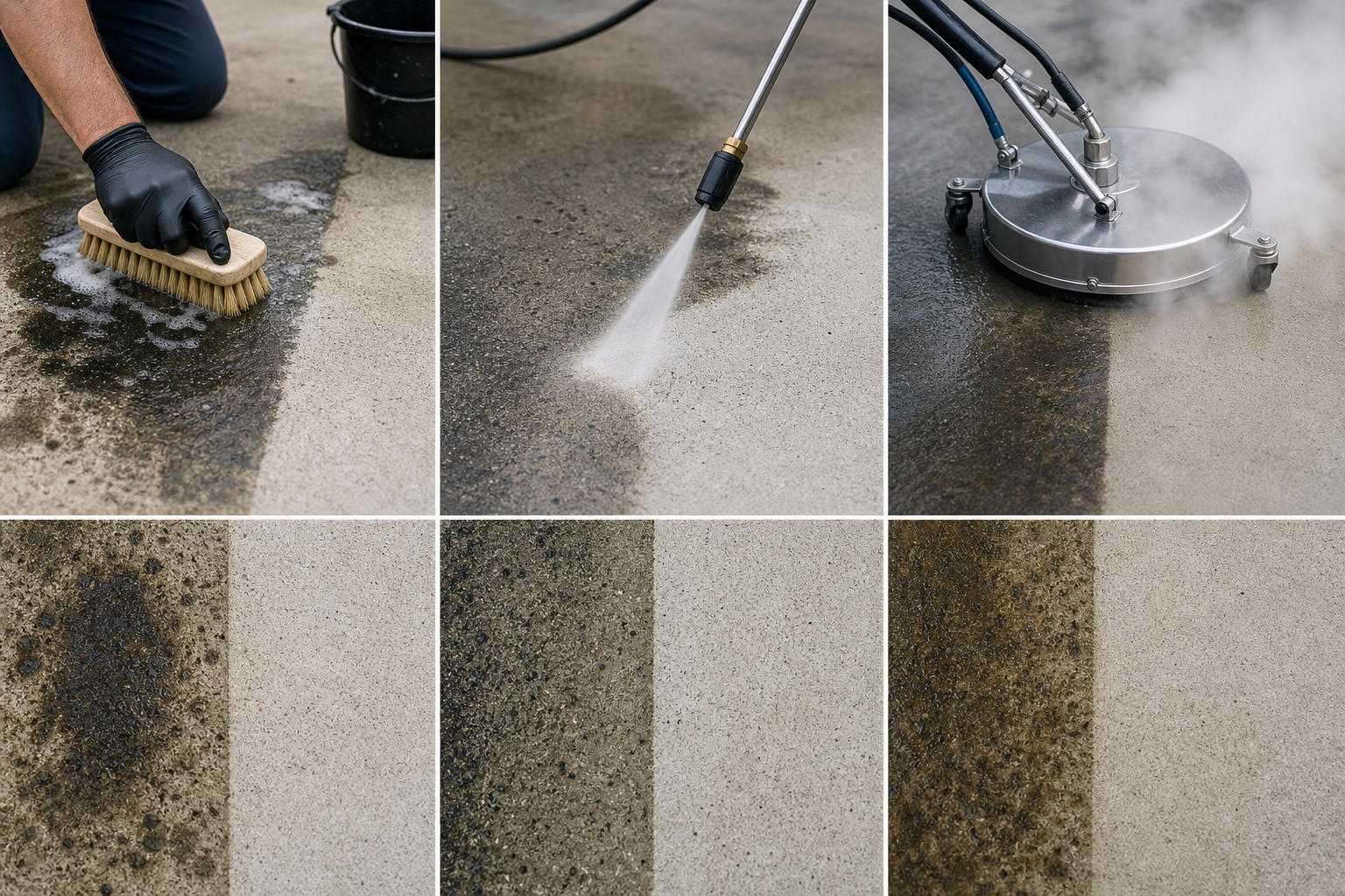Diagram comparing scrubbing, pressure washing, and hot water degreasing for concrete grease stains.