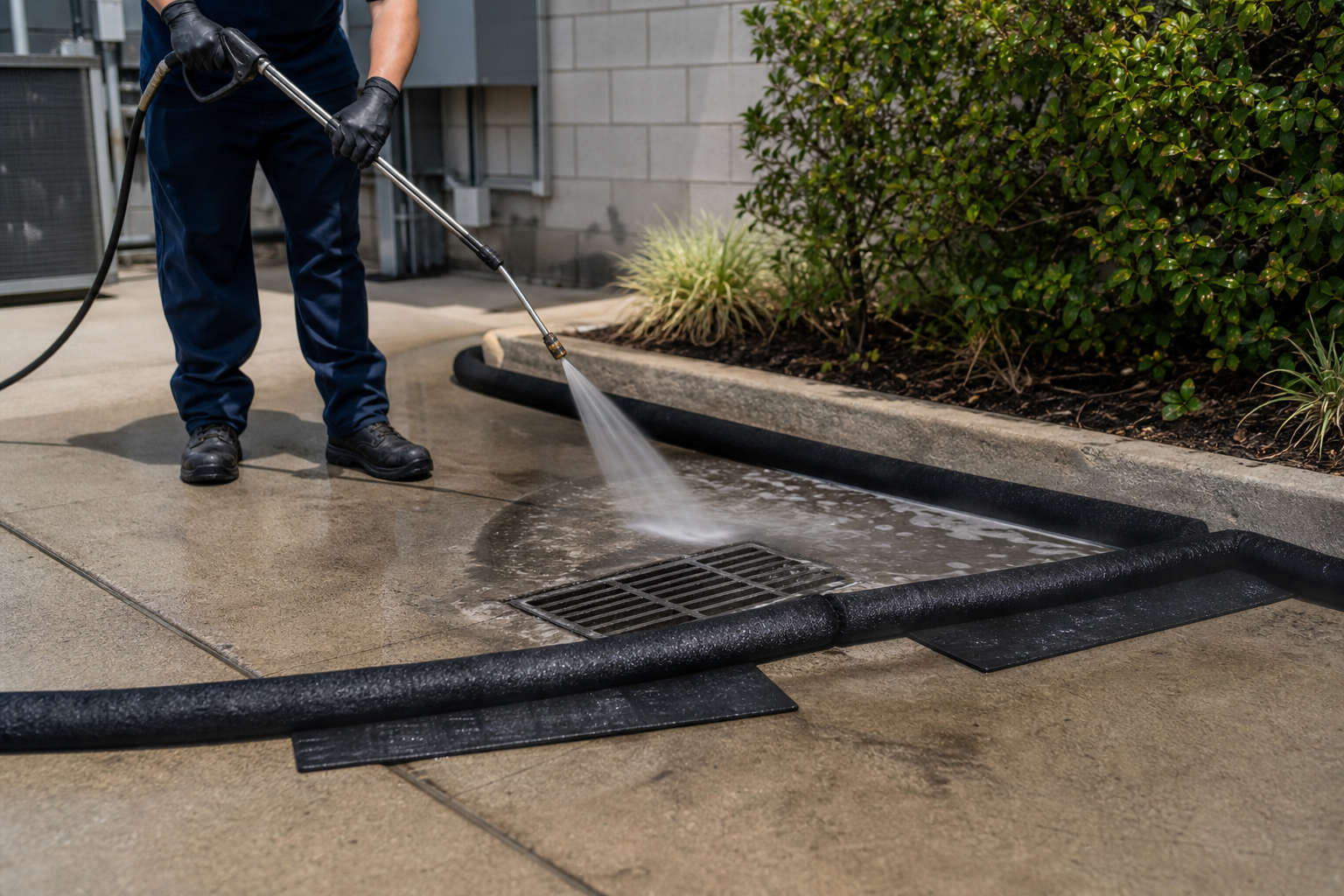 Professional cleaning with runoff control on a grease-prone concrete area near a drain.