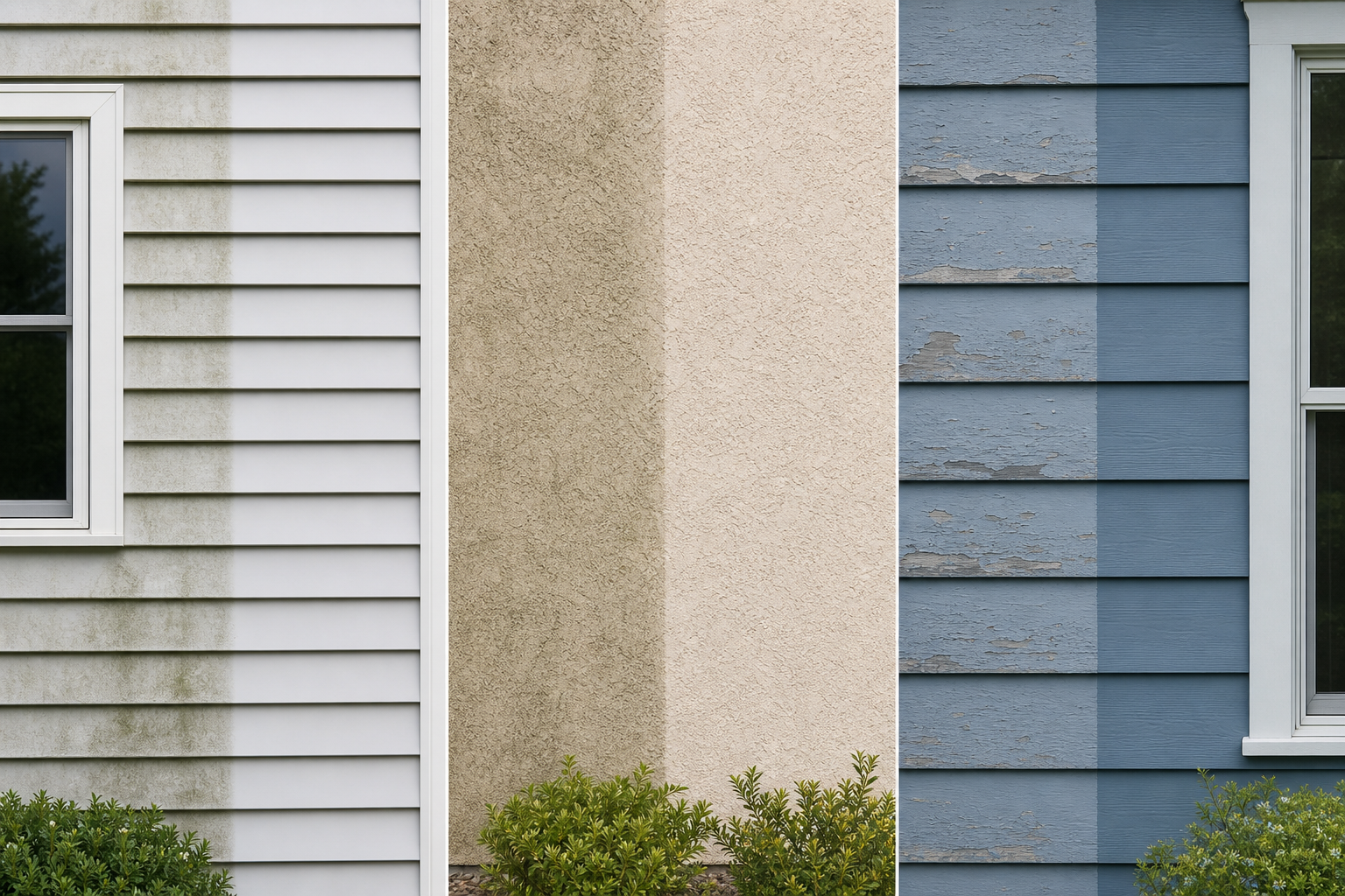 Three siding materials shown side by side: vinyl, stucco, and painted siding with surface-safe cleaning treatment.