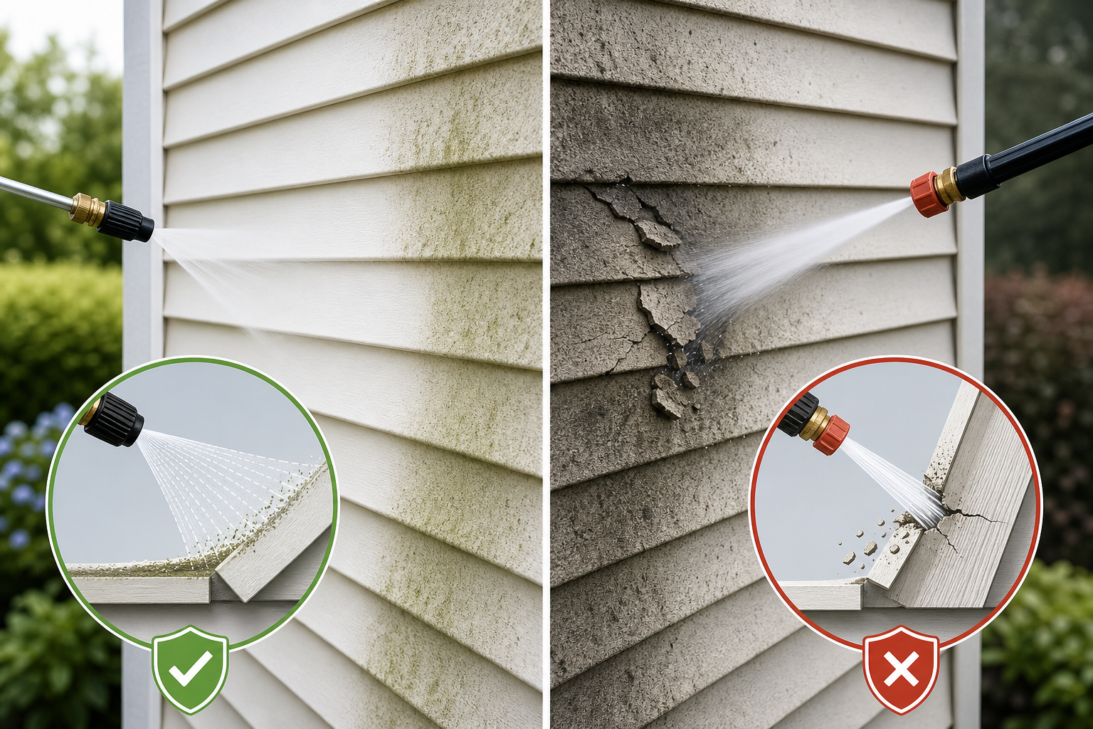 Diagram comparing safe soft washing and damaging high-pressure washing for siding grime removal.