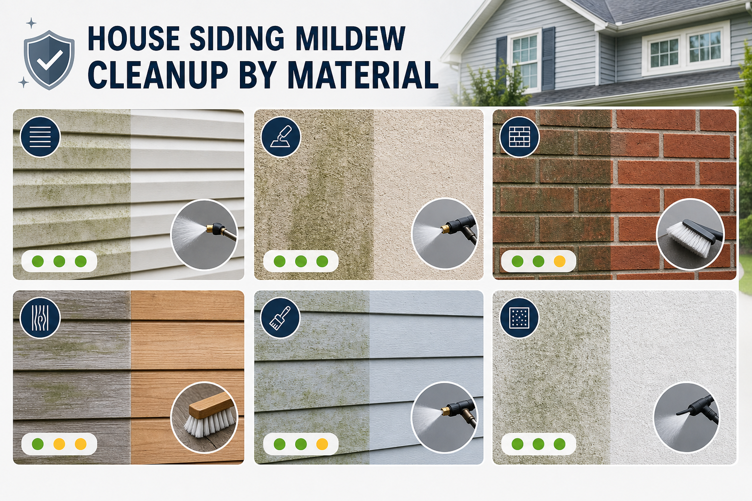 Infographic showing which siding materials are safest to clean with soft washing or gentle exterior wall cleaning methods.