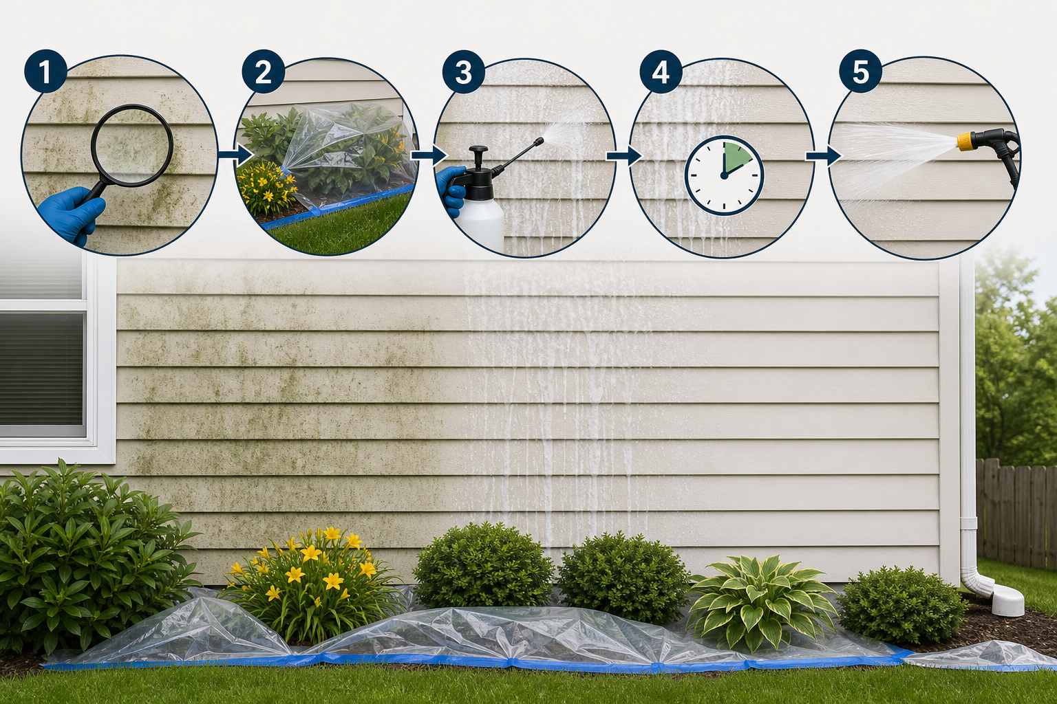 Diagram showing the safe step-by-step process to remove mildew from exterior walls using inspection, protection, soft wash application, dwell time, and gentle rinsing.