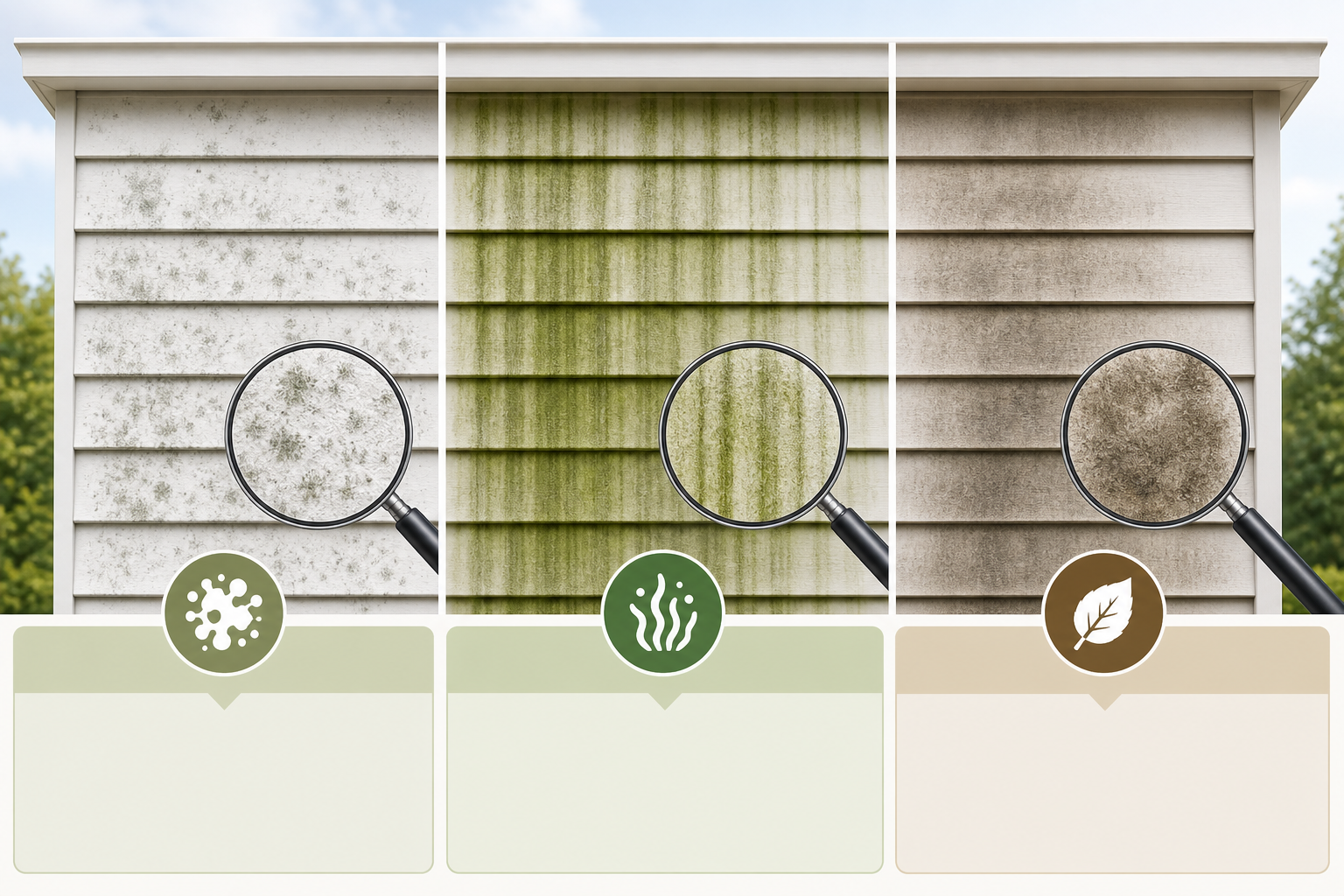 Infographic comparing mildew, algae, and organic stains on siding with visual cues for each type of buildup.