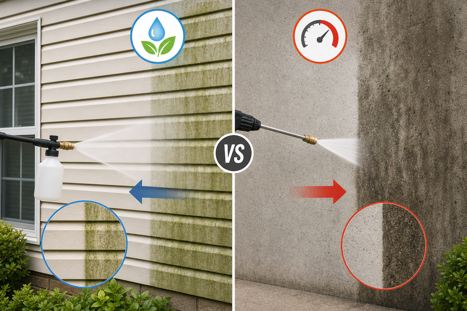 Diagram comparing soft washing and pressure washing for exterior wall cleaning and showing when each method is appropriate.