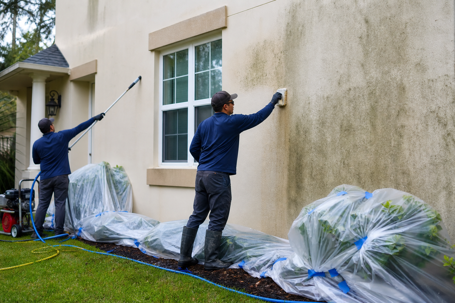 Professional crew using a safe exterior wall mildew removal process with landscaping protection