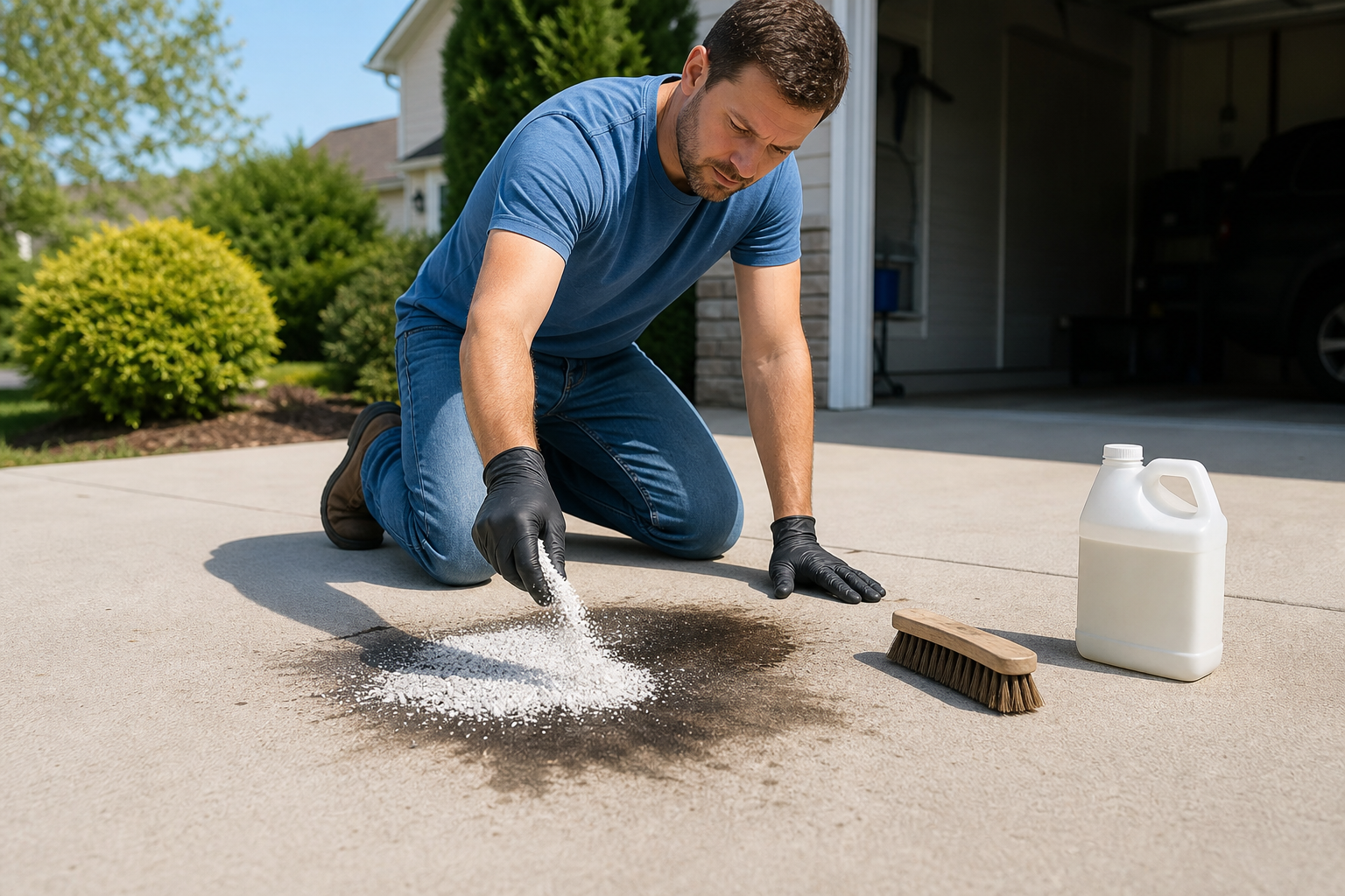 Homeowner treating a fresh oil stain on a concrete driveway with absorbent material and a degreaser.