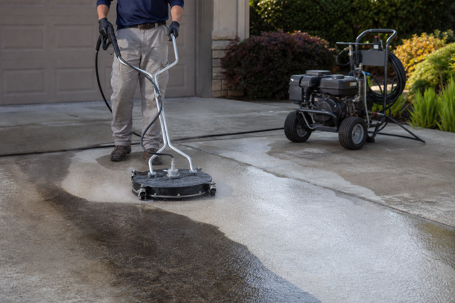 Professional using hot-water pressure washing and a surface cleaner to help remove an oil stain from concrete.