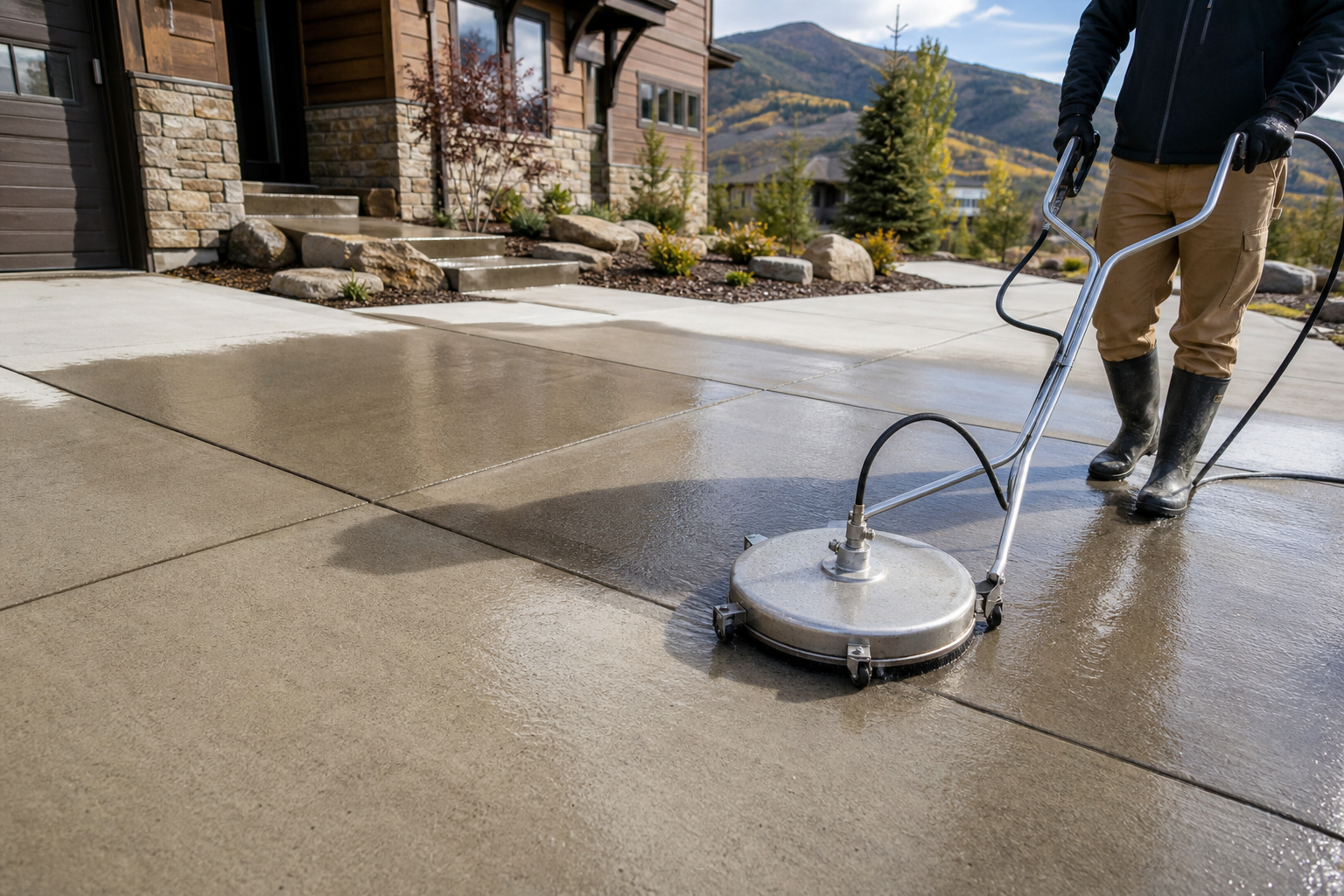 Driveway and patio pressure washing on a Park City home exterior.