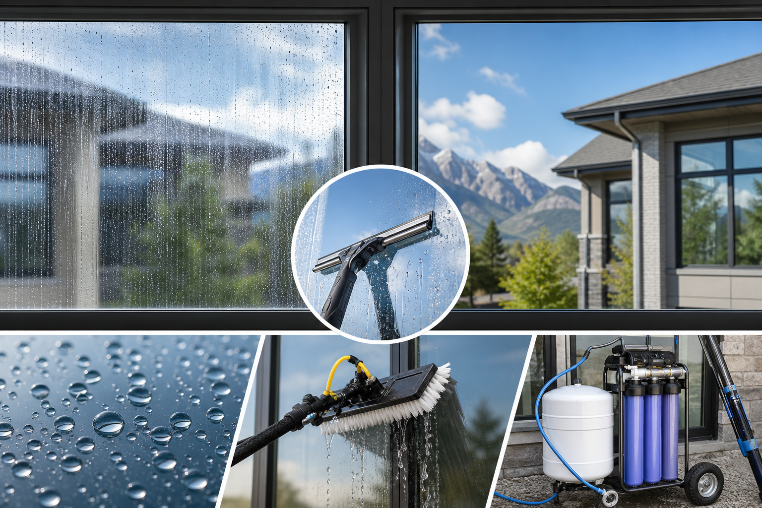 Infographic style image showing streak-free professional window cleaning and pure-water glass cleaning results.