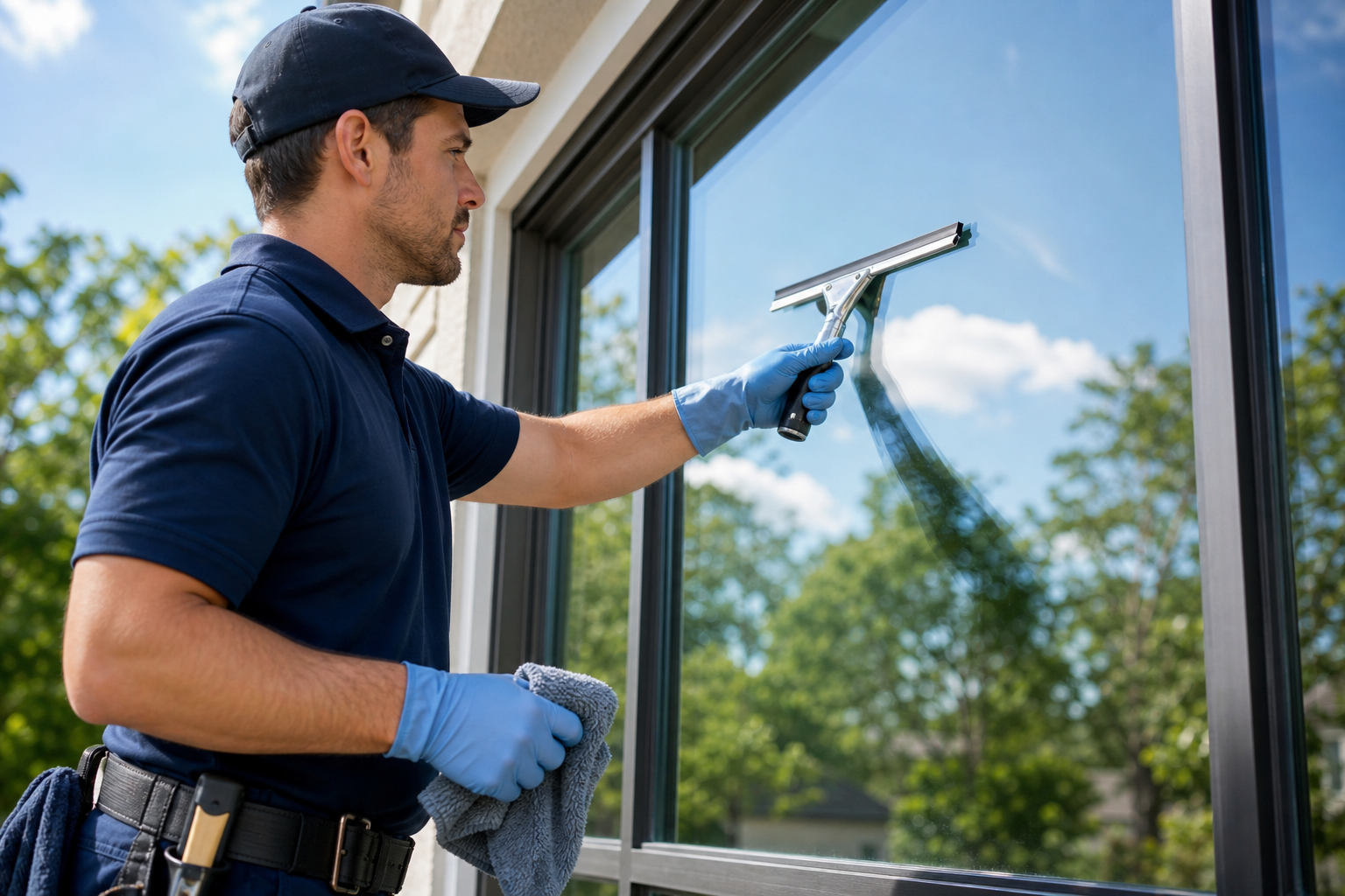 Professional window cleaner using a squeegee to create streak-free residential window cleaning results.