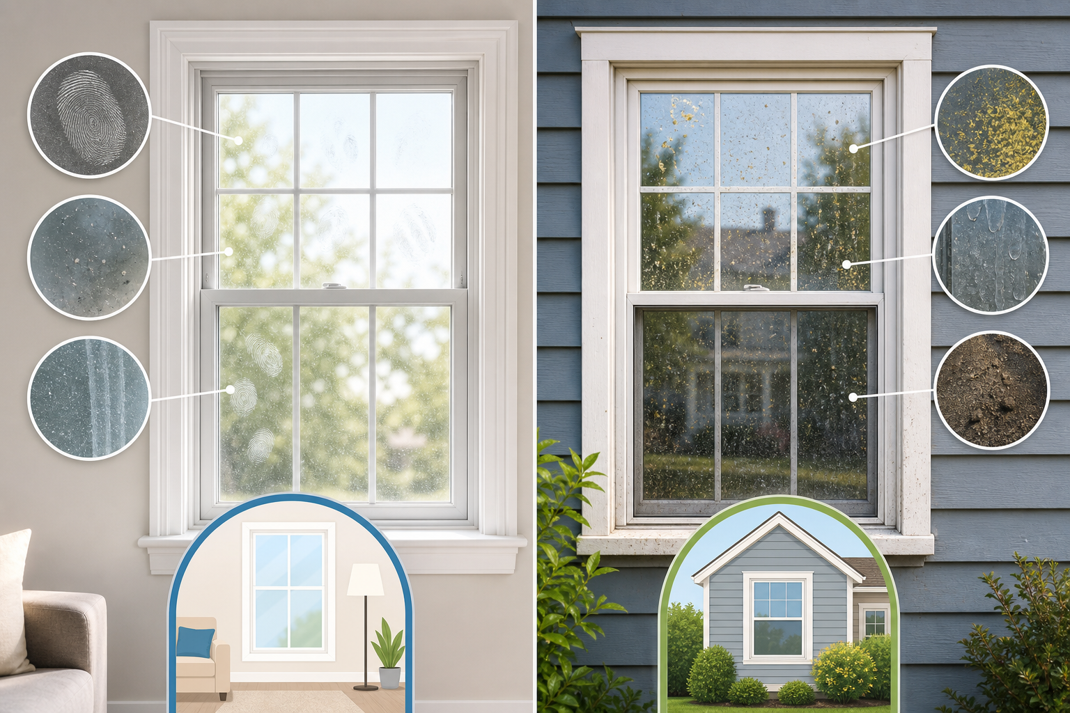 Diagram comparing interior window cleaning and exterior window washing for residential homes.