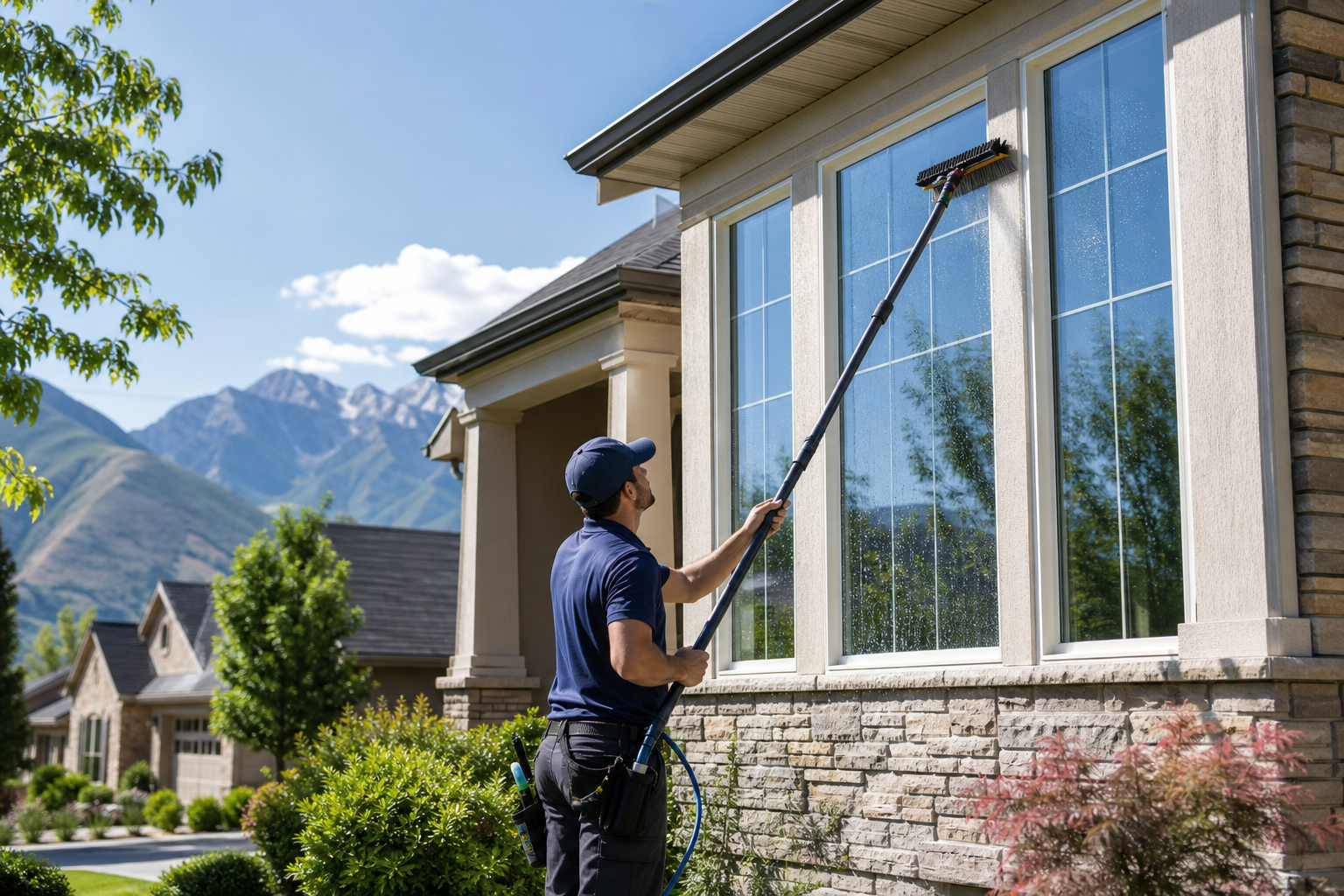 Professional washing the front windows of a Salt Lake City home with a water-fed pole.