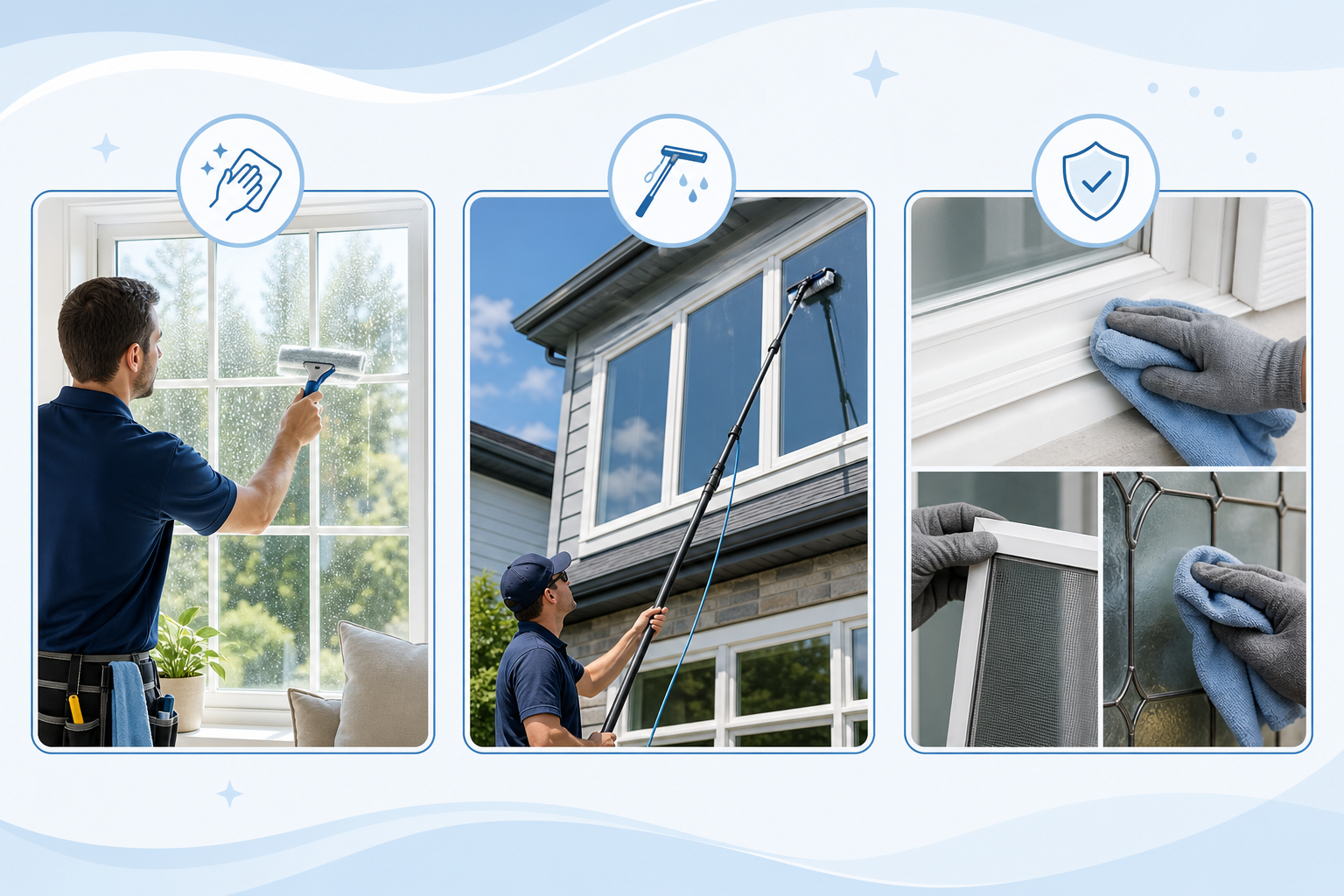 Diagram comparing professional residential window cleaning methods and safety considerations.