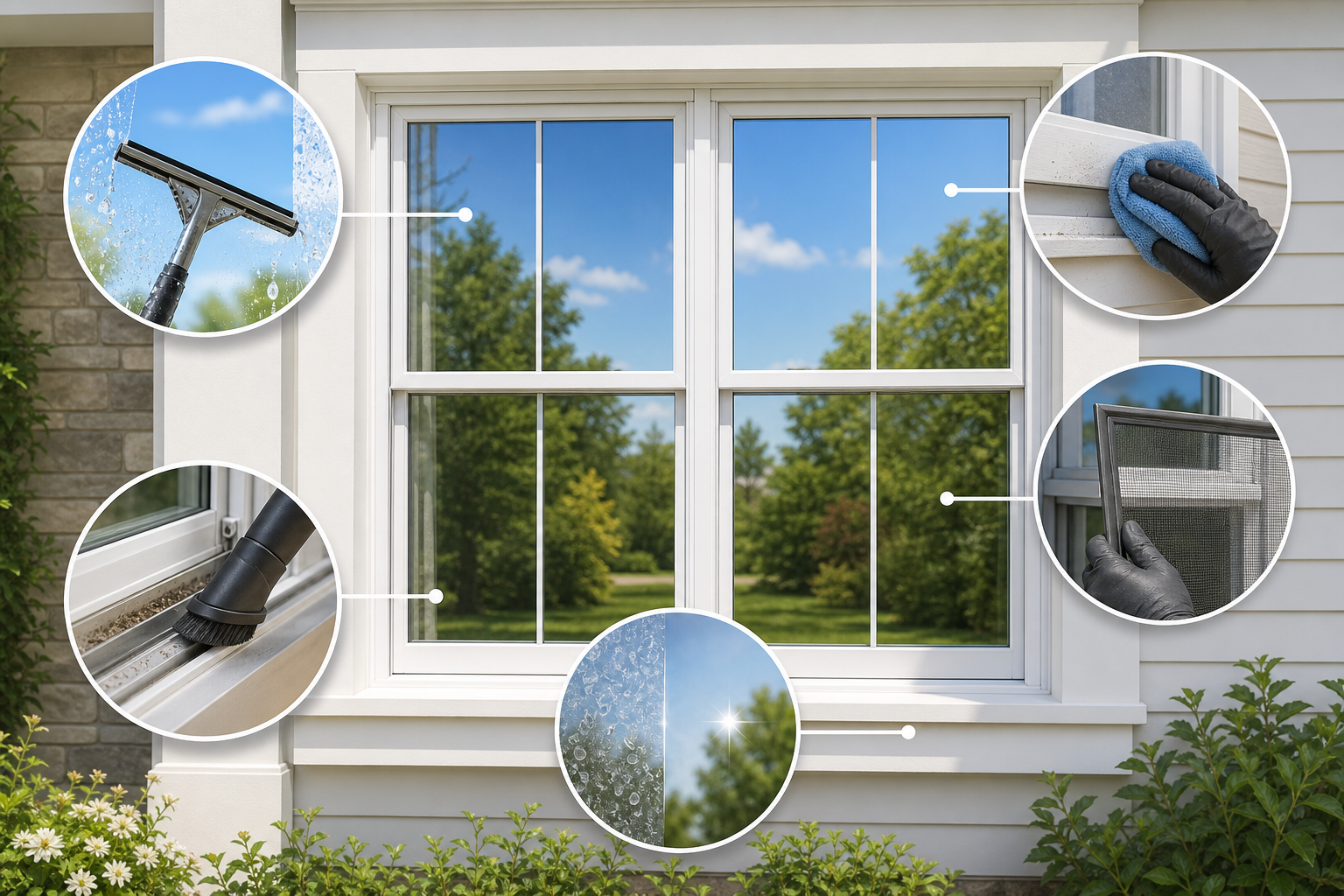 Infographic showing what residential window washing includes, such as glass cleaning, screens, tracks, and hard water spot treatment.