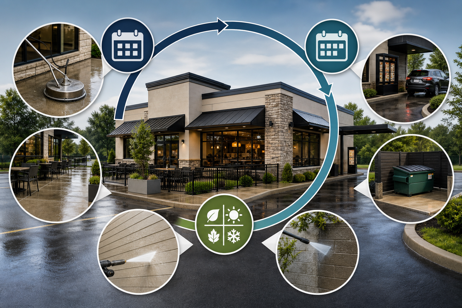 Infographic showing recurring restaurant exterior cleaning maintenance schedule