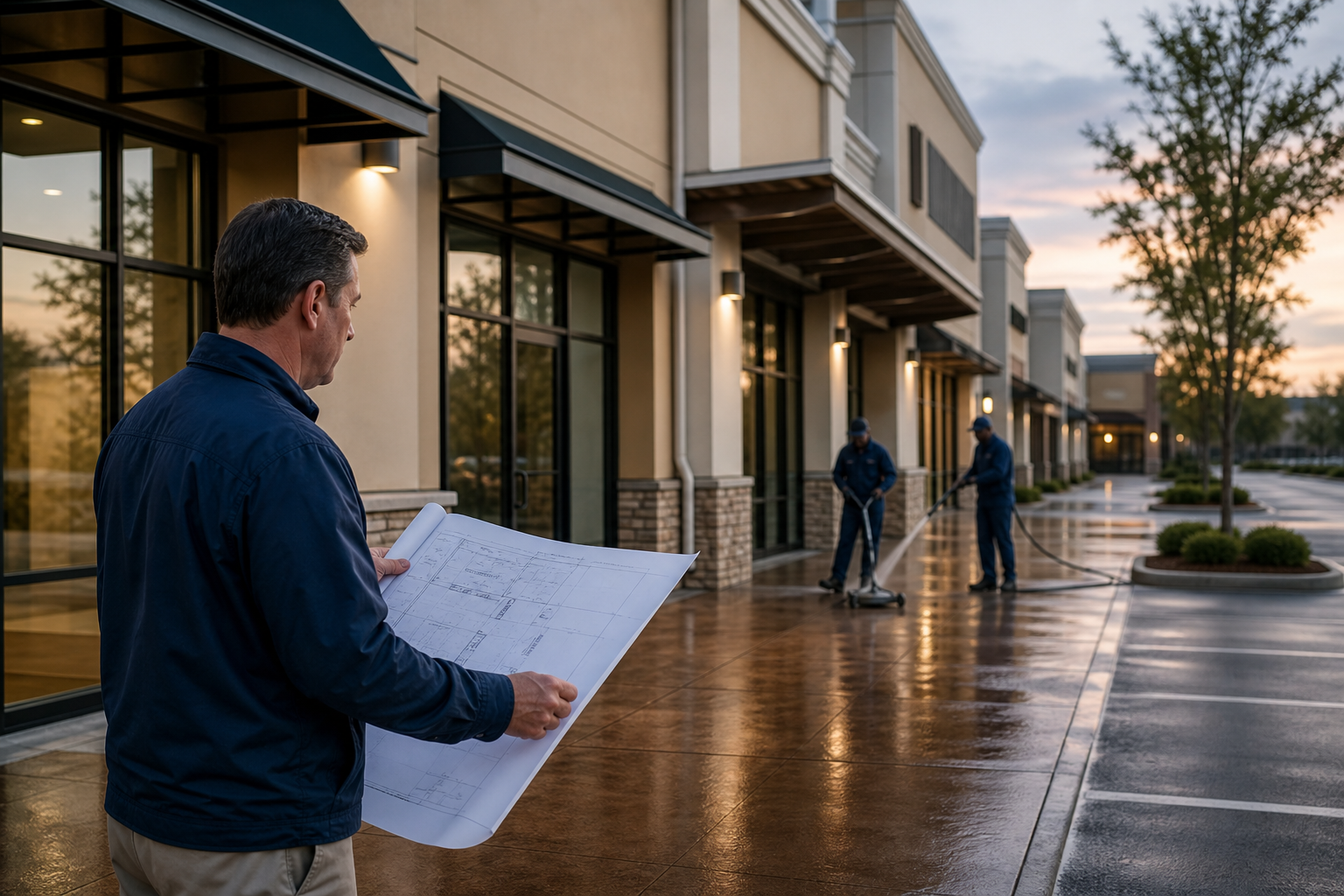 Property manager reviewing retail center pressure washing work beside a clean shopping center walkway and storefronts.