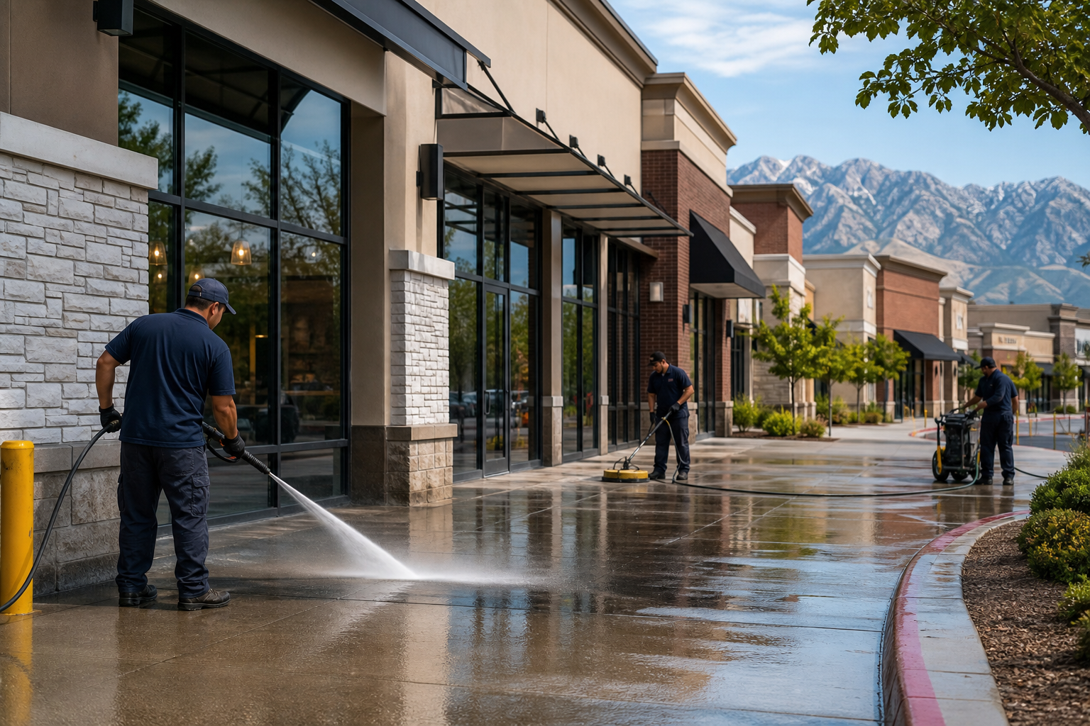 Retail center pressure washing in Salt Lake City at a shopping center storefront walkway
