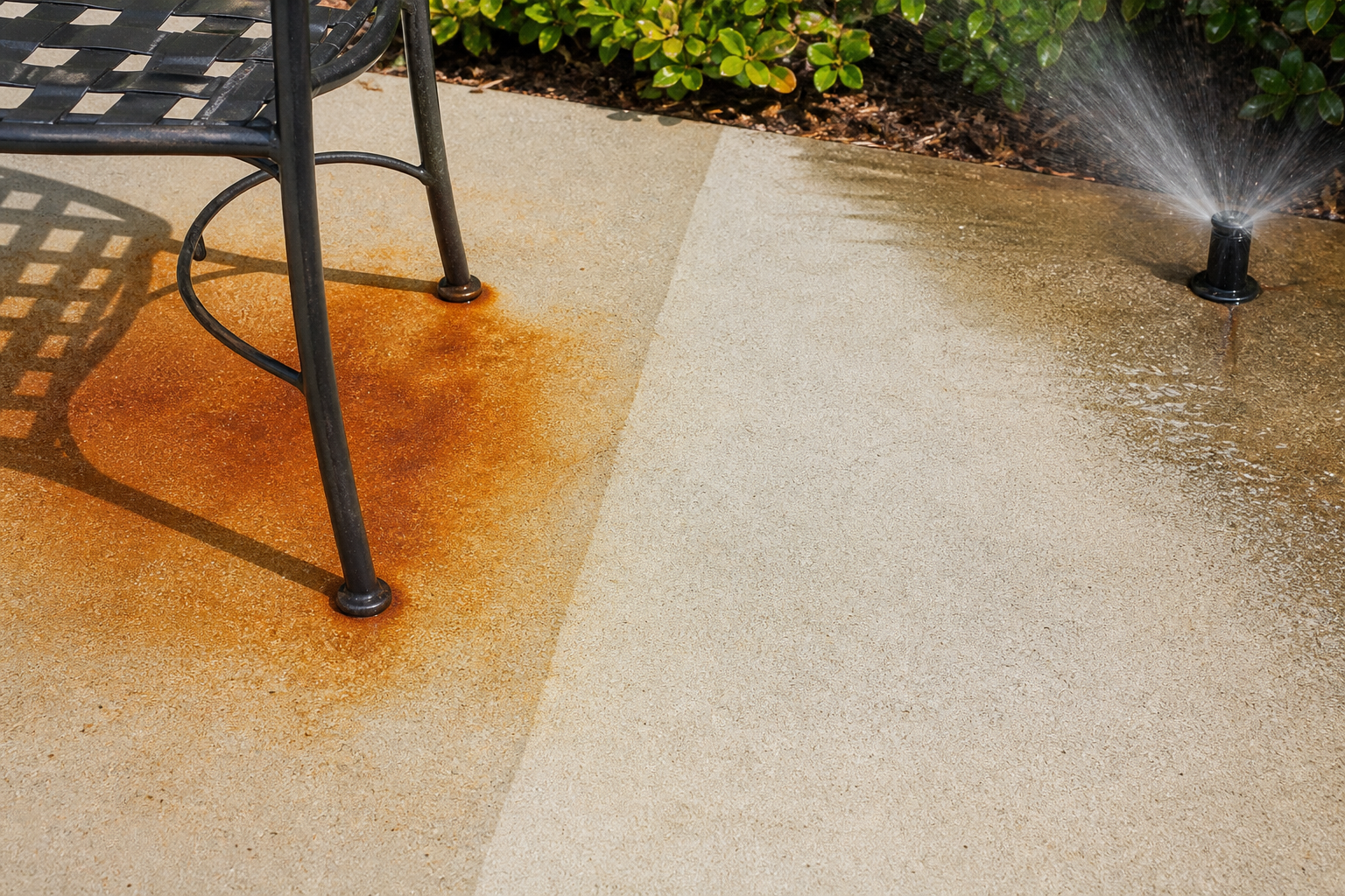 Concrete rust removal example on a driveway or patio with a rust stain beside a cleaned section.