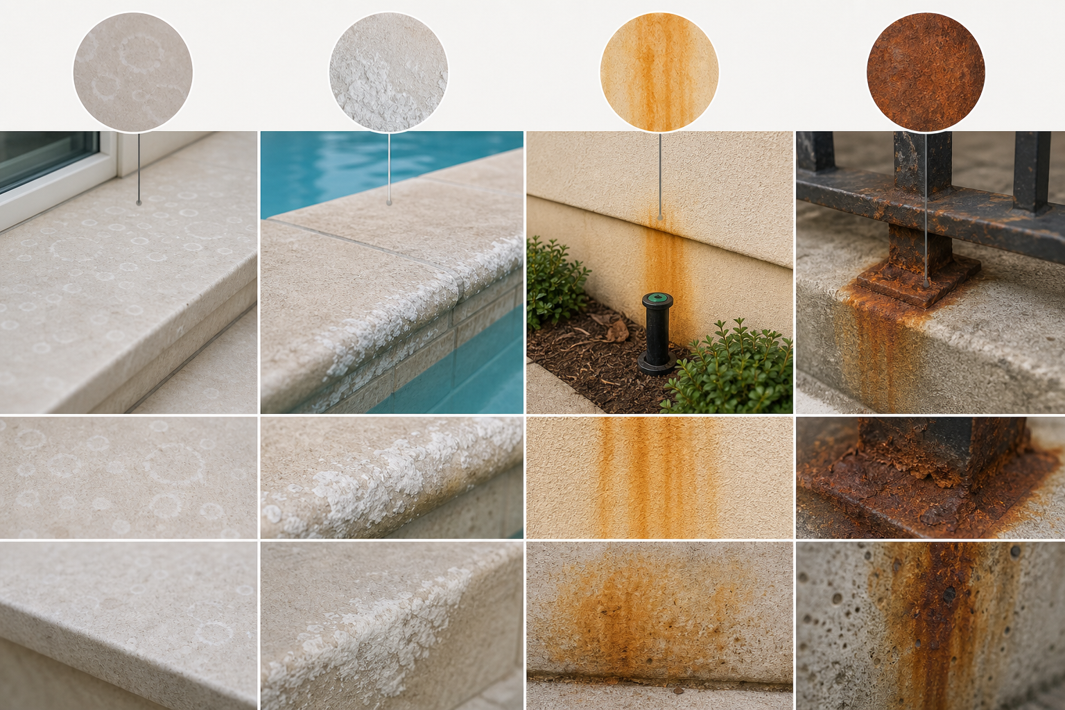 Infographic comparing hard water stains, mineral deposits, iron deposits, and true rust on exterior surfaces.