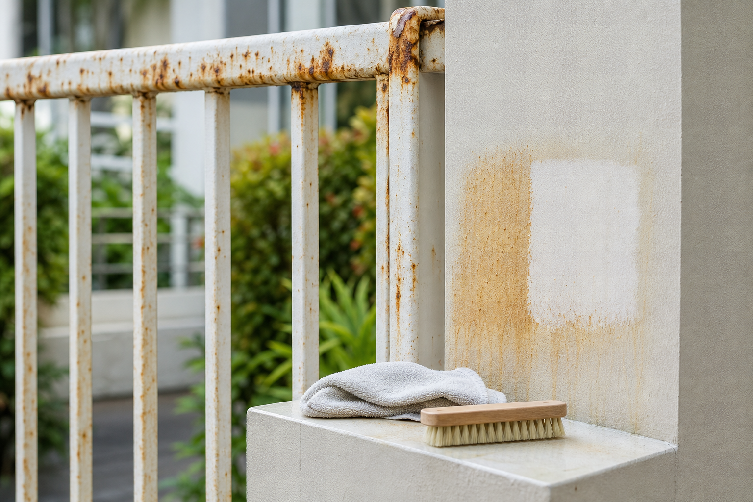 Metal railing or coated surface showing oxidation with a small test patch before cleaning.