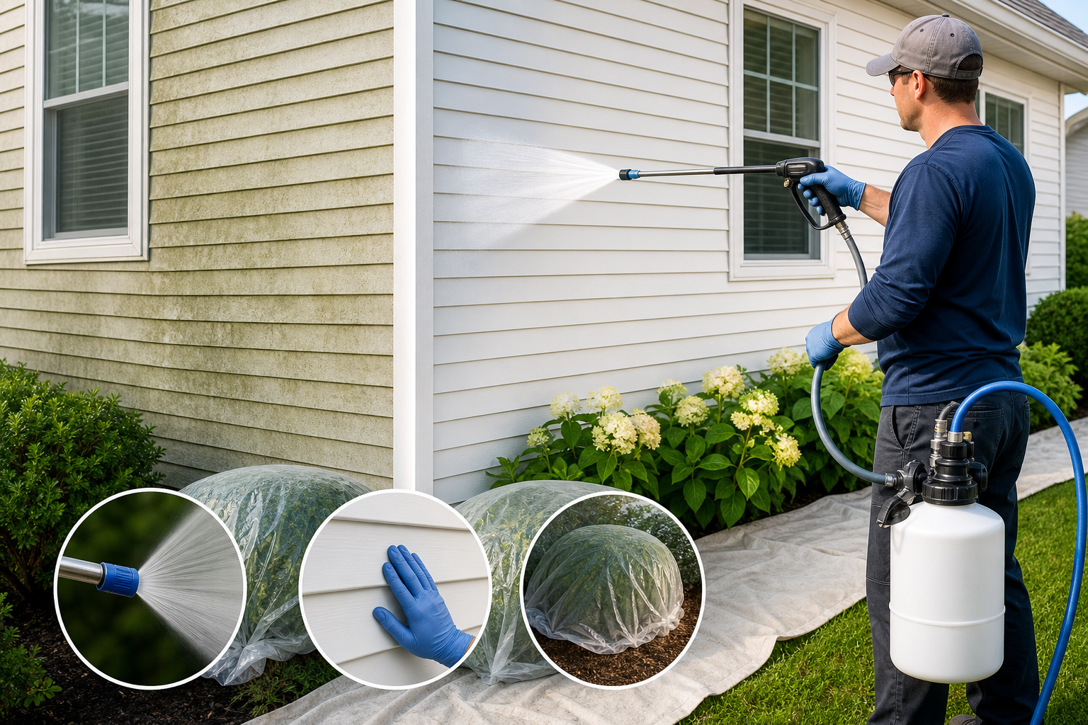 Safe house washing for delicate siding with low-pressure cleaning and protected landscaping.