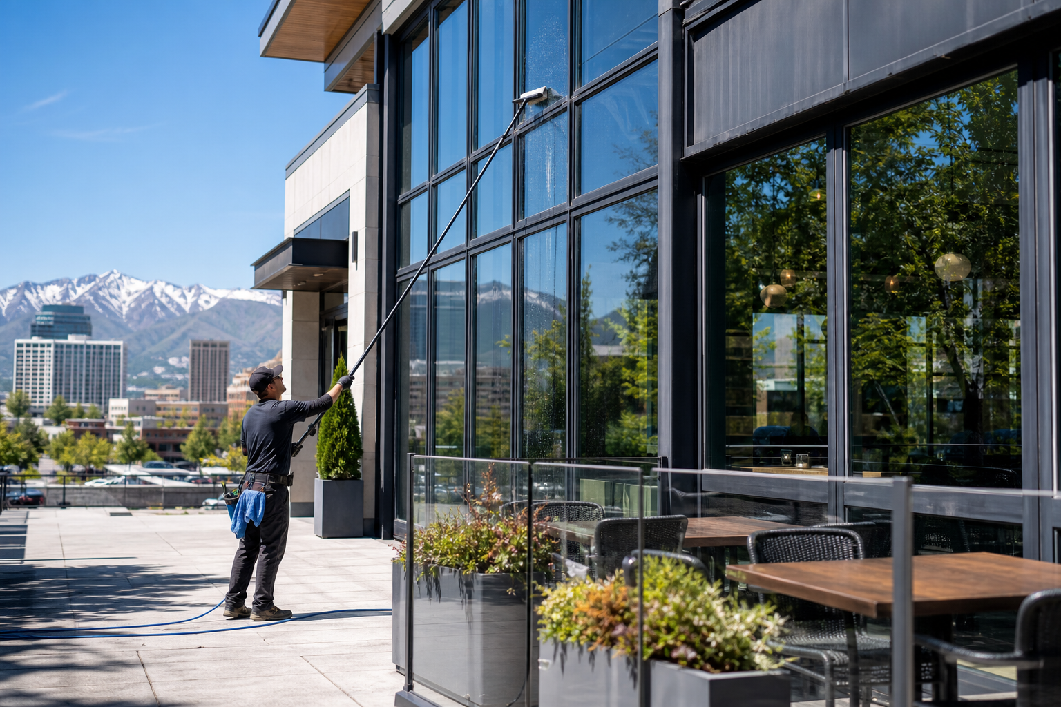 Commercial exterior glass cleaning for storefronts, offices, retail centers, and restaurants in Salt Lake City.