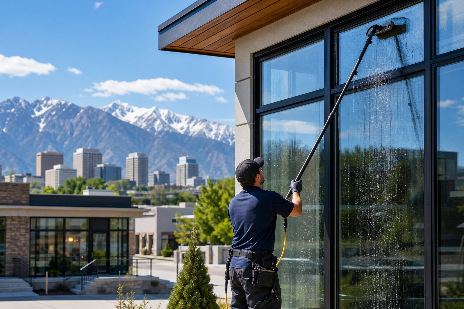 Salt Lake City exterior window cleaning for homes and businesses with a technician cleaning residential and storefront glass.