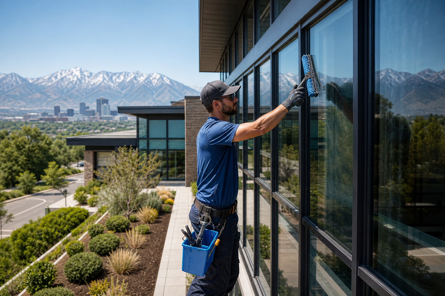 Professional window washing service in Salt Lake City for homes and businesses with clean glass and Utah mountains in the background