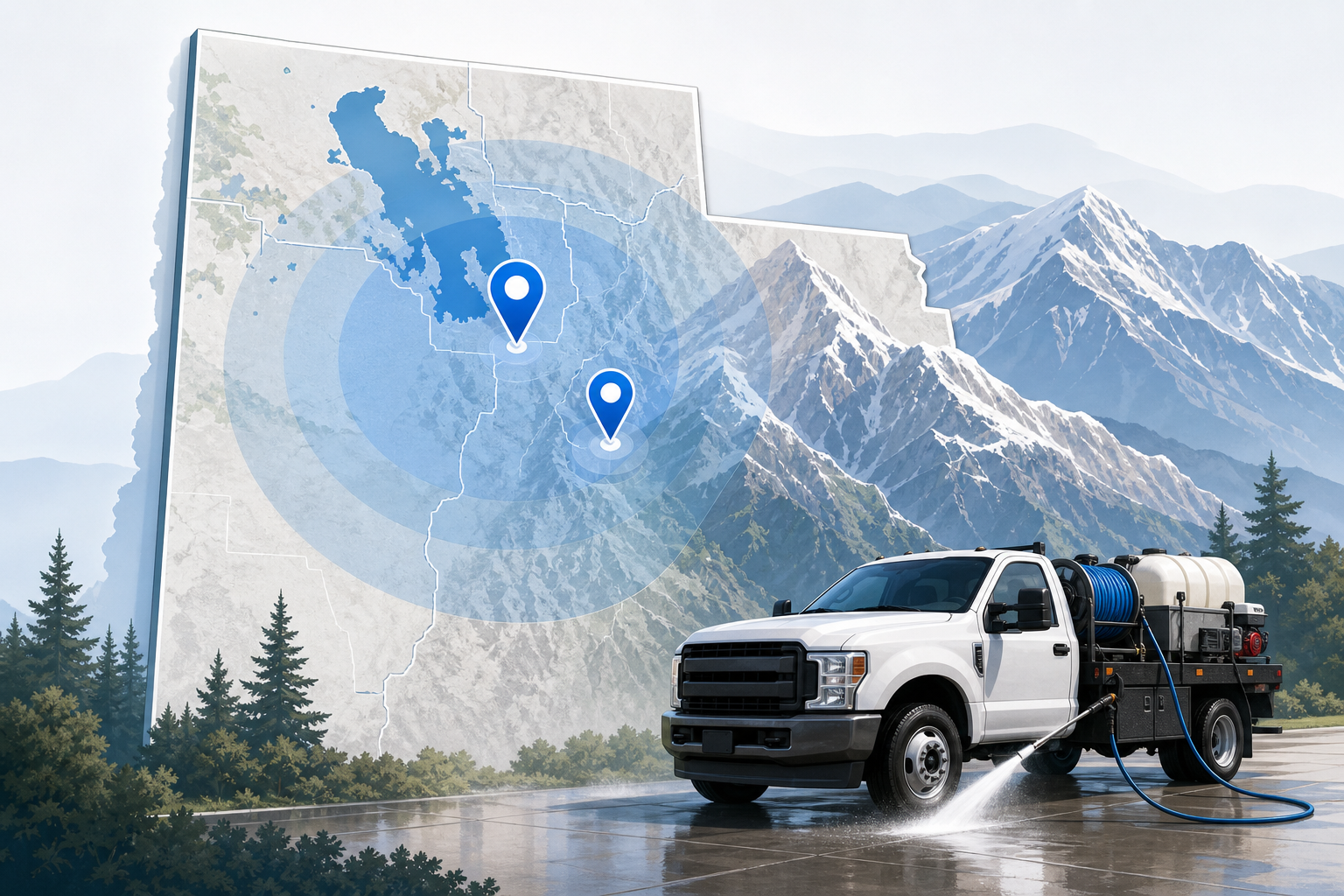 Map-style graphic showing same day pressure washing service in Salt Lake City and Park City, Utah.