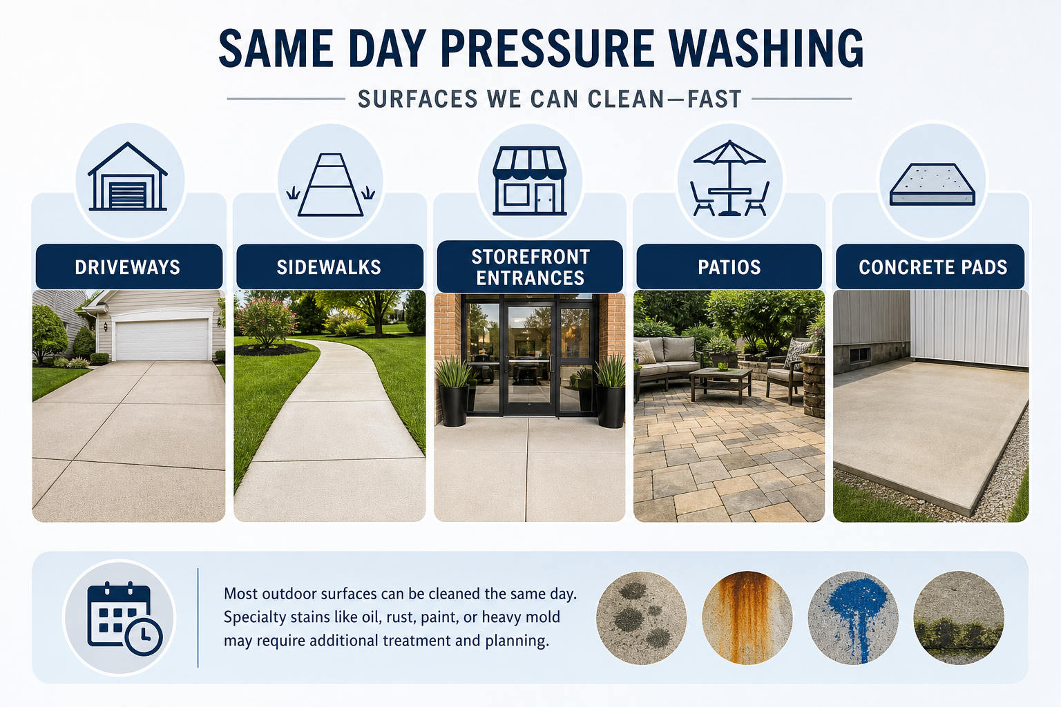 Infographic of common same day pressure washing surfaces including driveways, sidewalks, storefront entrances, patios, and concrete pads.