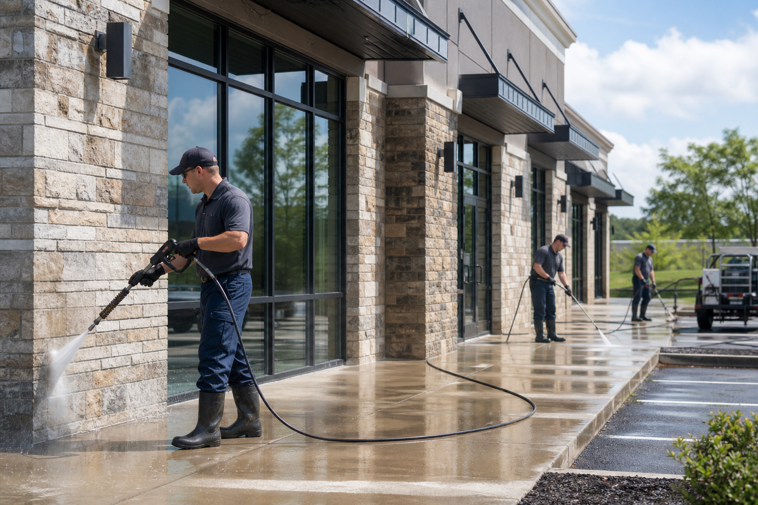 Commercial pressure washing crew cleaning a Somerset business storefront and walkway