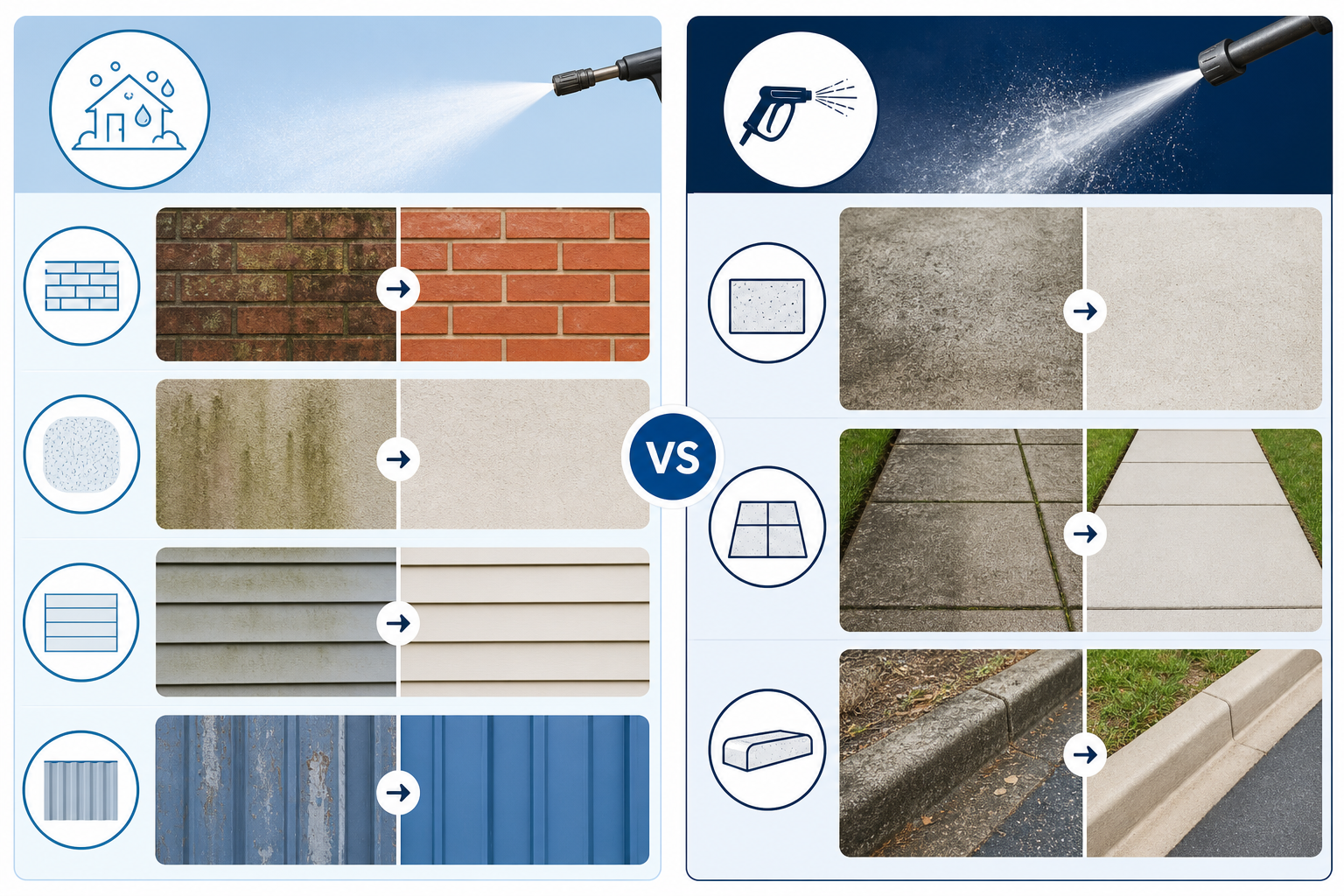Diagram comparing soft washing and pressure washing for commercial surfaces
