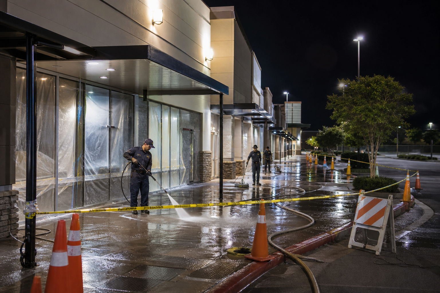 After-hours shopping center pressure washing with safety controls and protected storefronts.