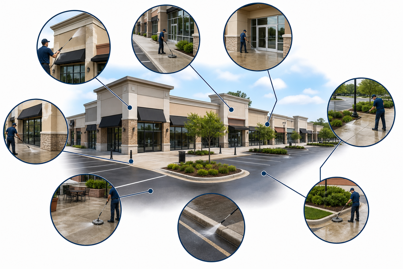 Diagram of shopping center pressure washing coverage areas including storefronts, sidewalks, walkways, curbs, and common spaces.
