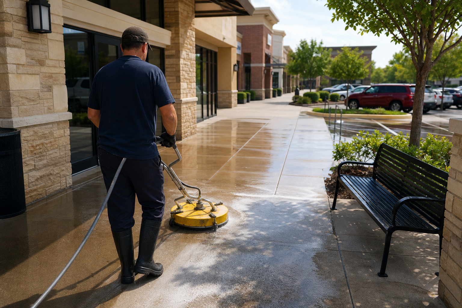 Shopping center sidewalk and walkway cleaning in a high-traffic common area.