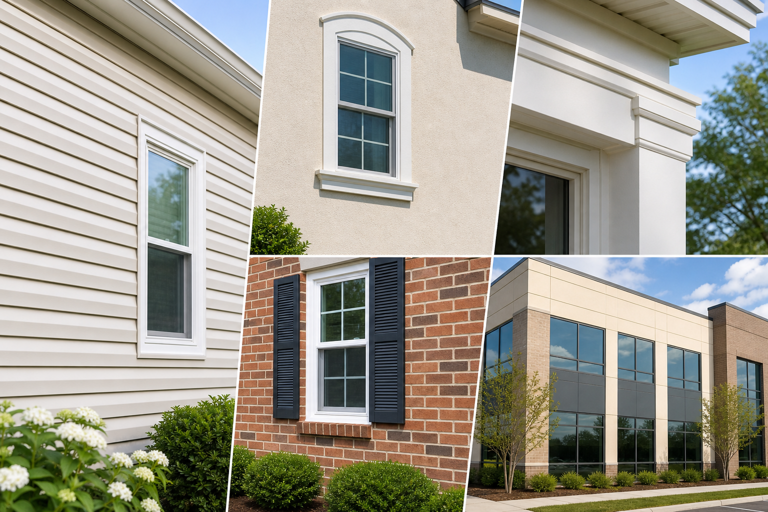 Visual of siding, stucco, brick, and painted surfaces suitable for soft wash exterior cleaning.
