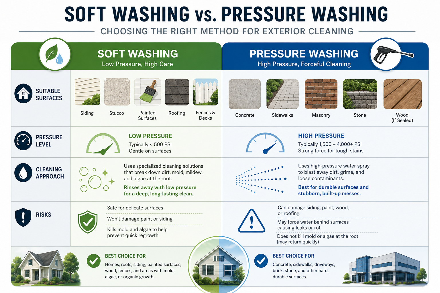 Infographic comparing soft washing and pressure washing for surface-safe exterior cleaning.
