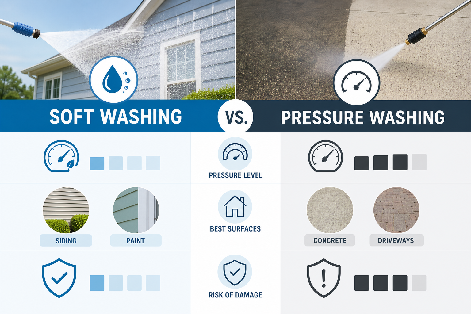 Infographic comparing soft washing and pressure washing for house exteriors and concrete surfaces