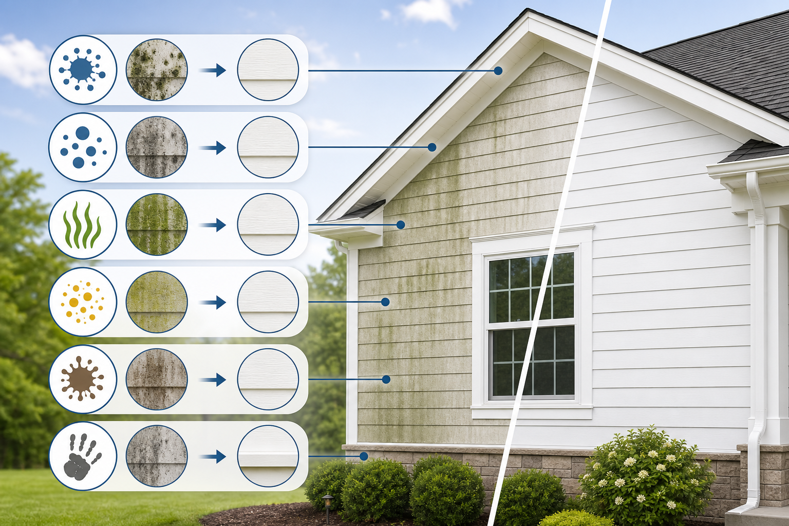 Infographic showing mold, mildew, algae, pollen, dirt, and grime removed from home exterior surfaces