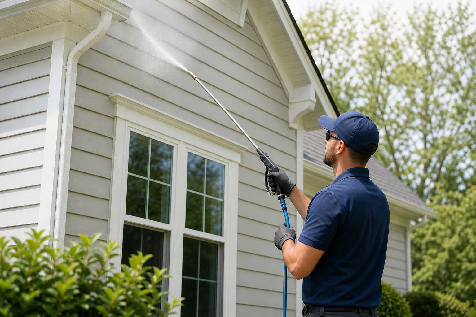 Technician soft washing siding and painted trim on a home exterior with gentle low pressure