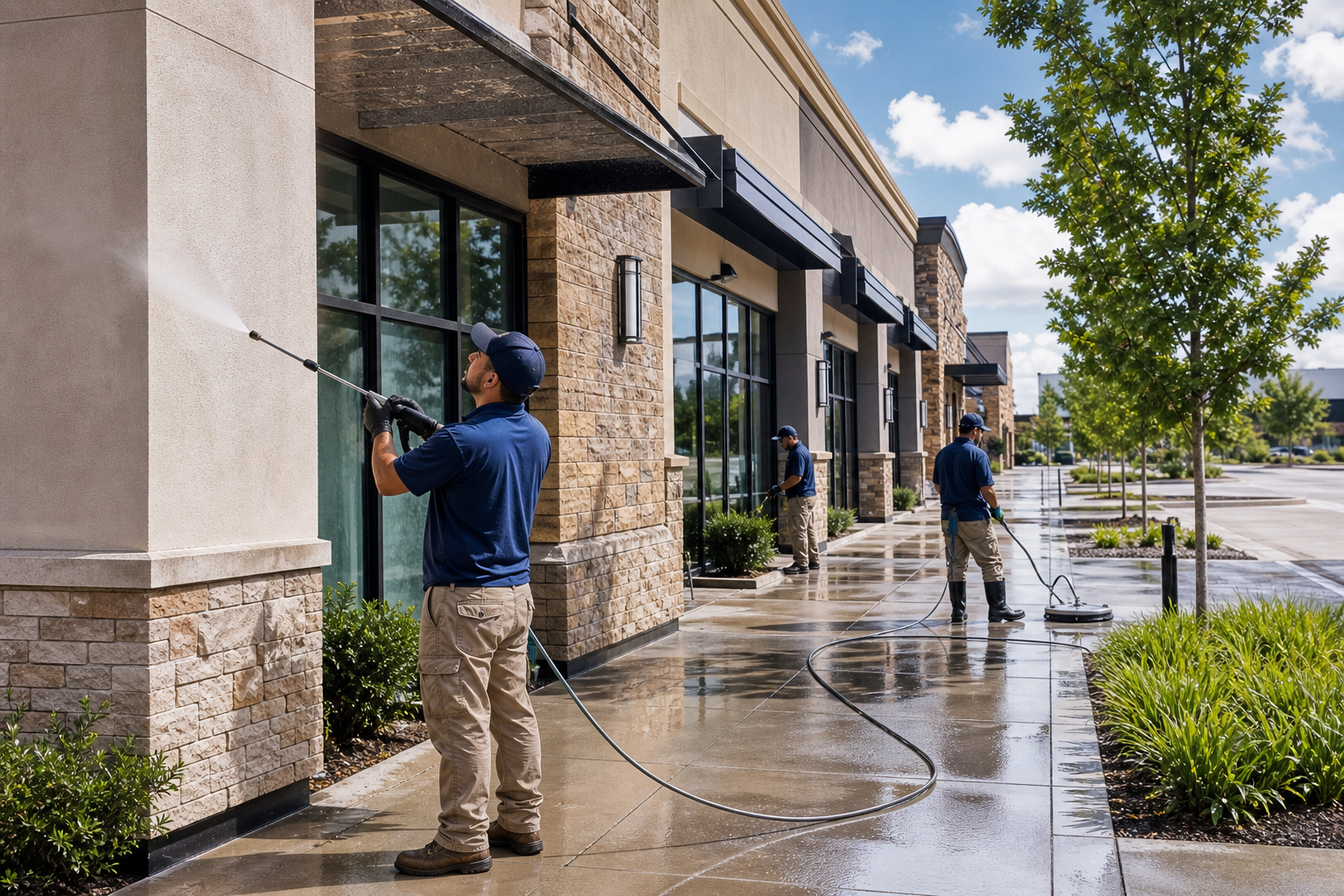 Commercial soft washing crew cleaning a retail or apartment property exterior with low-pressure equipment.