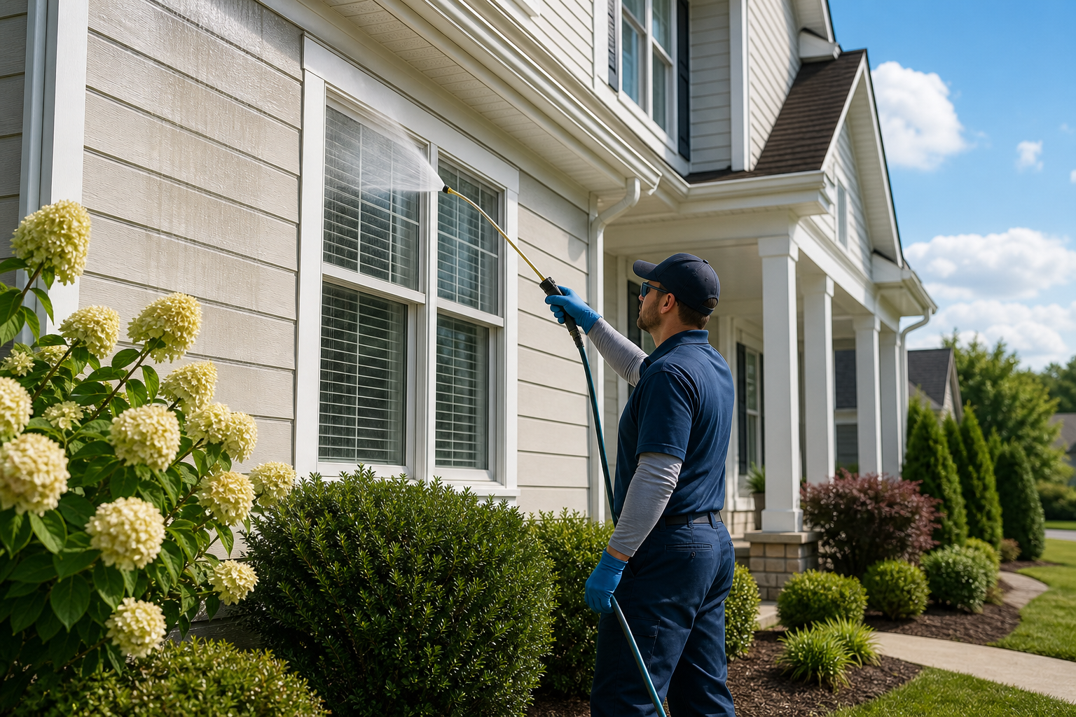 Residential house soft washing service cleaning siding and trim to improve curb appeal safely.