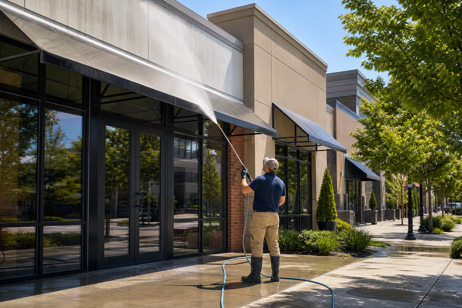 Commercial soft washing for a storefront or building exterior in Cottonwood Heights, UT.