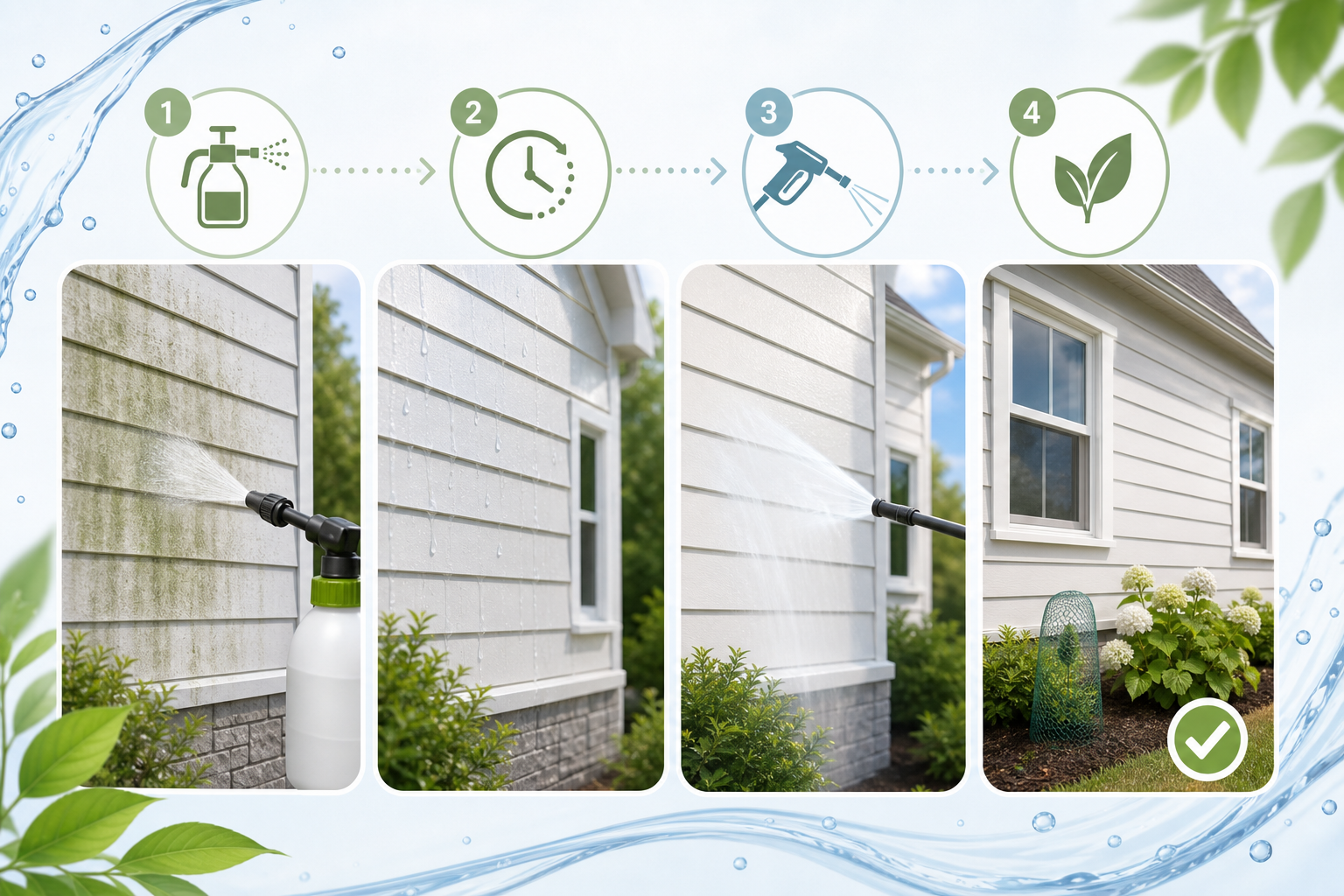 Infographic showing the soft washing process that removes mildew, algae, and grime safely