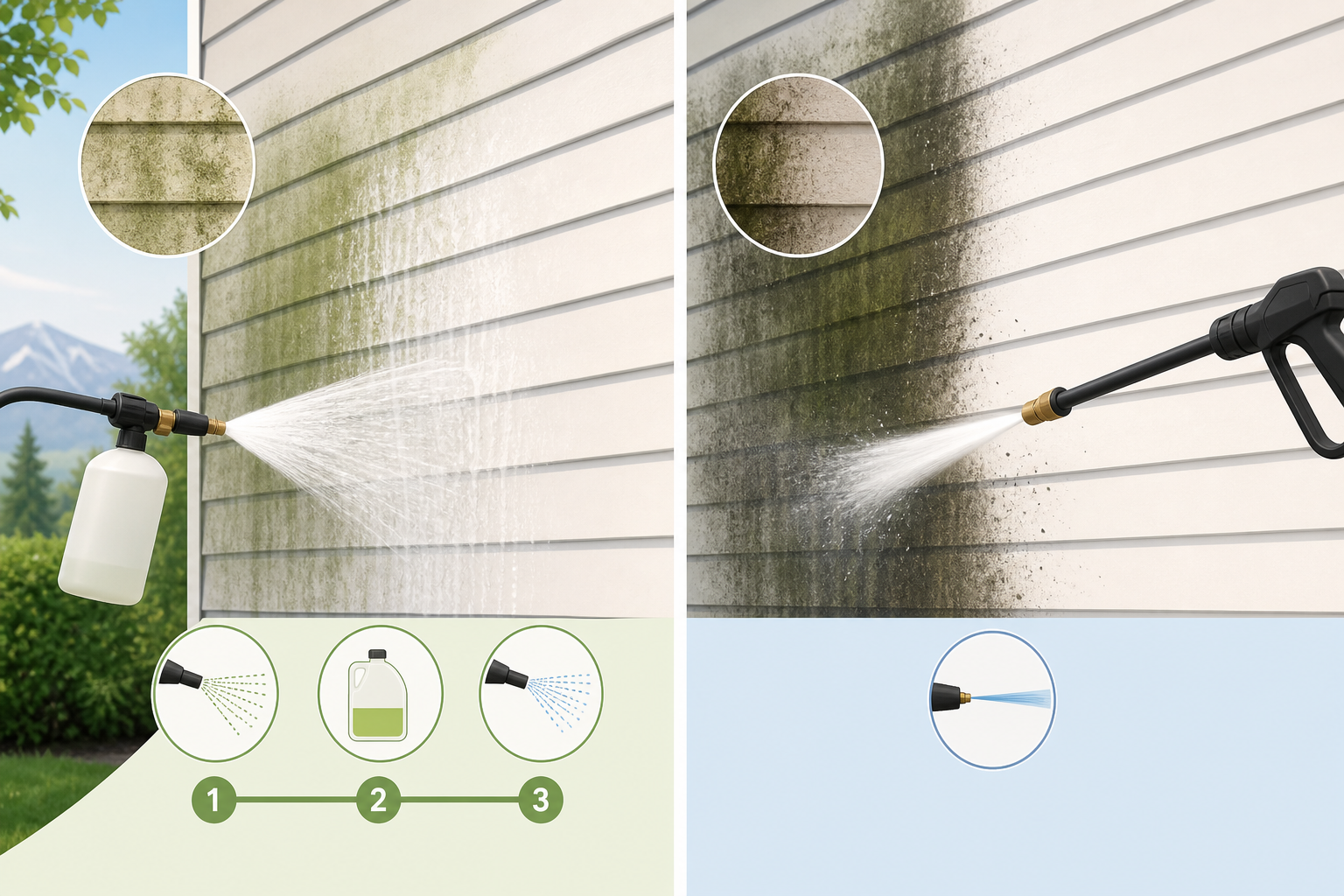 Diagram comparing soft washing and pressure washing for exterior cleaning in Holladay, UT