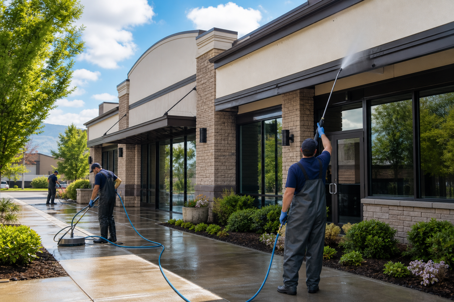 Commercial soft washing for a storefront and multi-unit property in Millcreek, Utah.