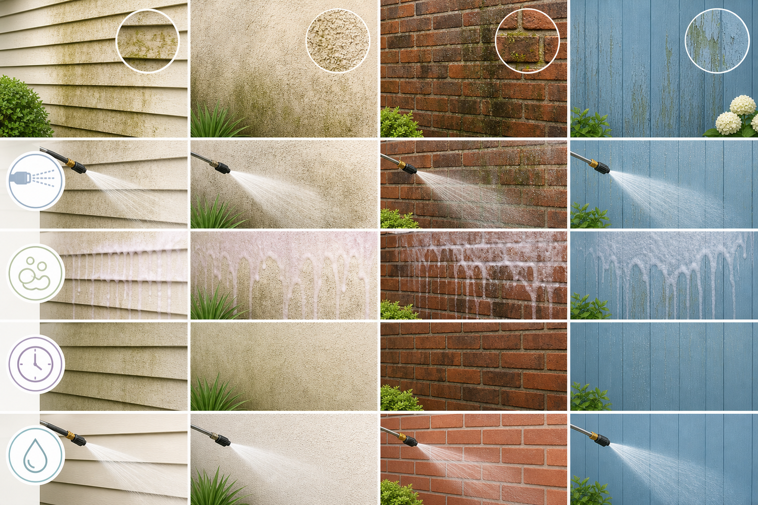 Diagram showing how soft washing works on siding, stucco, brick, and painted exteriors.