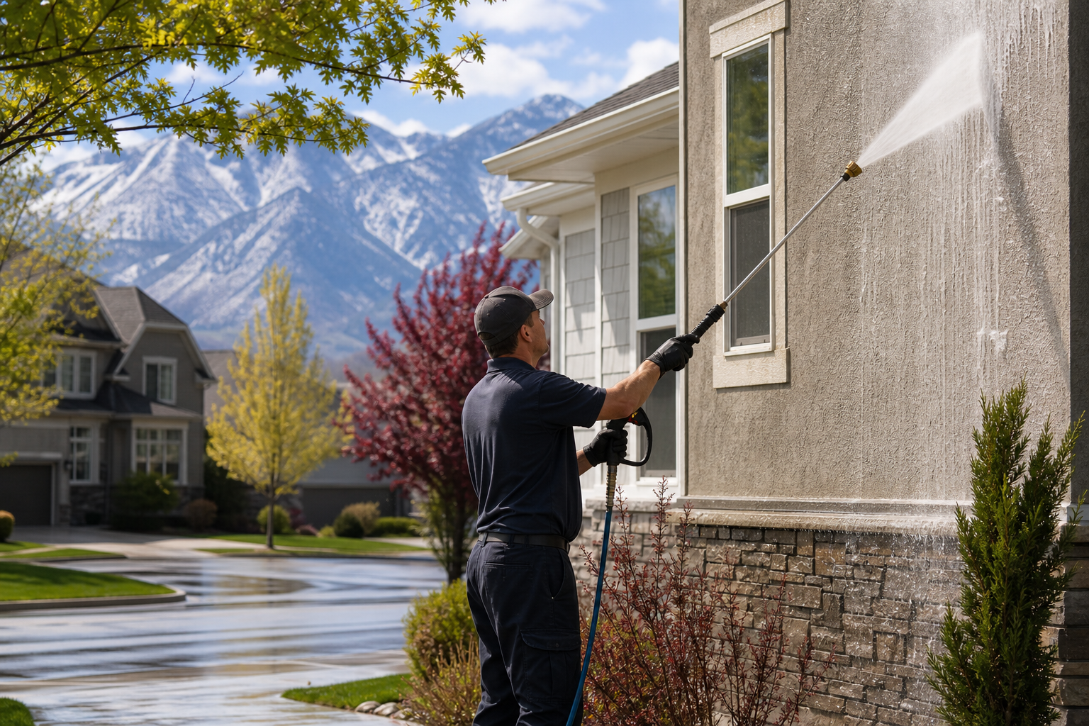 Soft washing in Millcreek, UT on a home exterior with siding and stucco using low-pressure equipment.