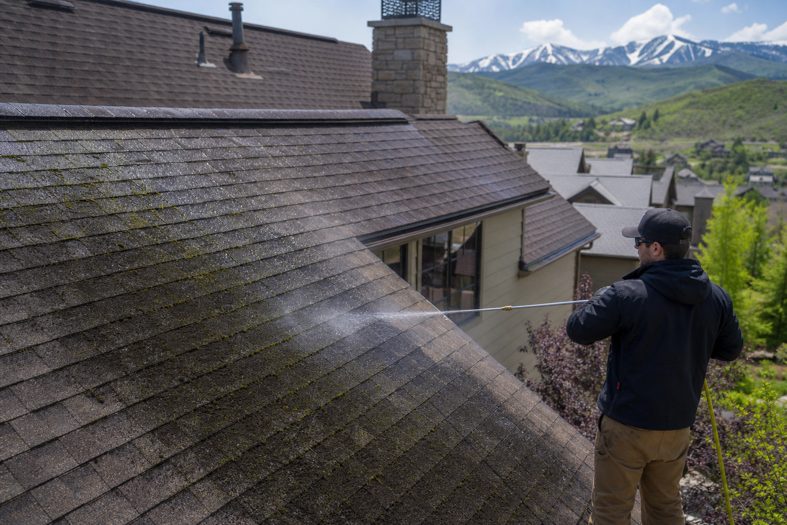 Technician safely soft washing a roof to remove moss and algae on a Park City home.