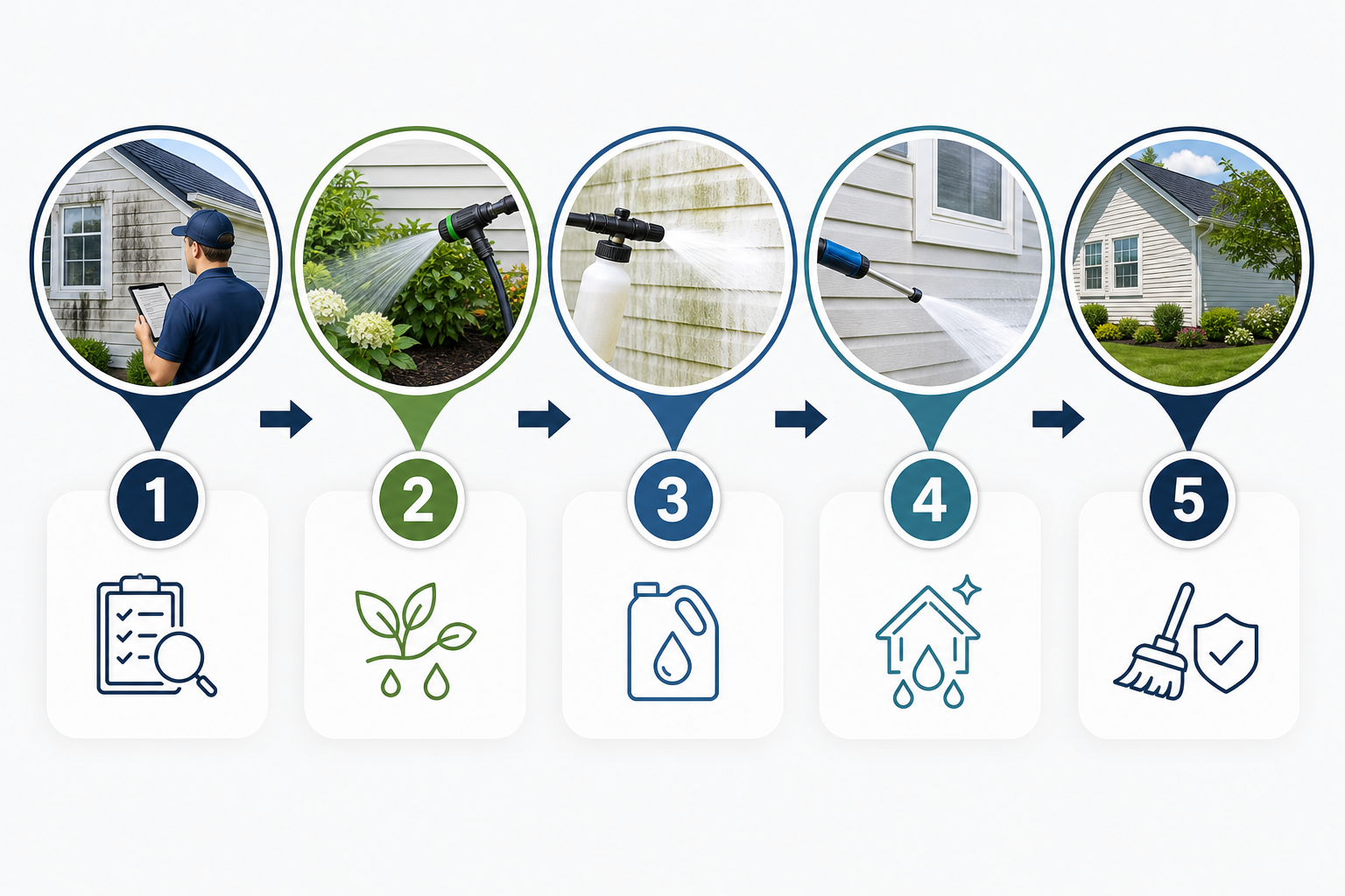 Step-by-step infographic of the soft washing process from inspection and pre-wet to application, rinse, and cleanup.